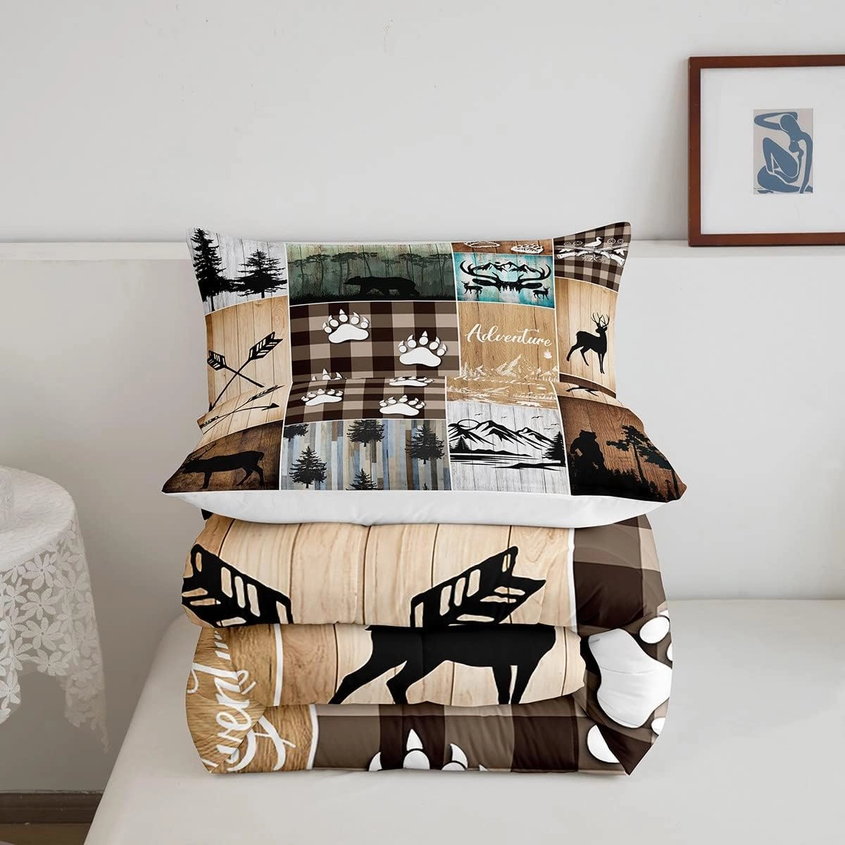 Rustic Farmhouse Comforter Set Twin for Adult Women Wild Animal Deer Bear Print Bedding,Hunting and Fishing Theme Camping Duvet Insert for Boy Girl Kid Geometry Patchwork Quilt Old Barn Door Bedding