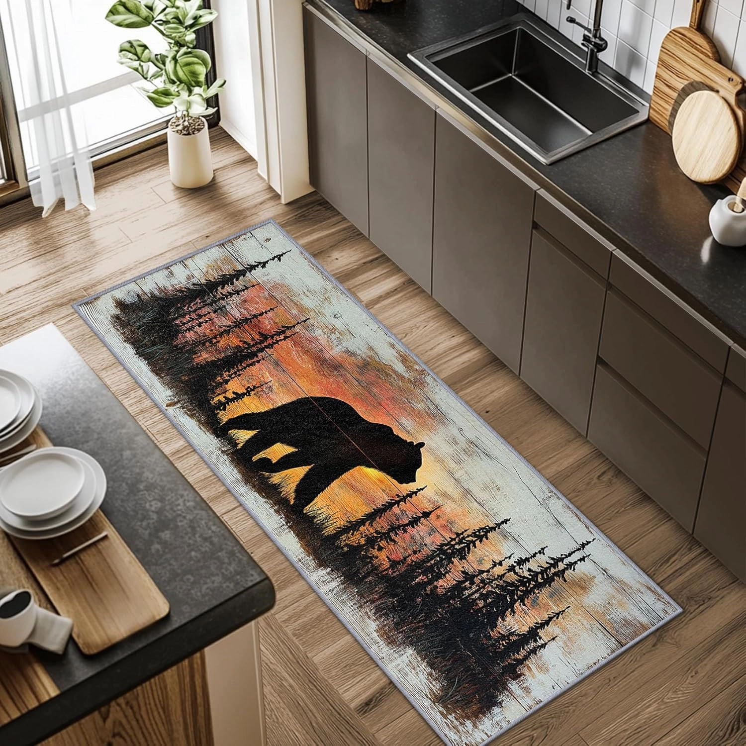 Rustic Rugs for Bedroom, Grizzly Bear Runners for Hallways, 2x10ft, Forest Landscape Cabin Animal Rug Runner, Farmhouse Lodge Country Washable Non Slip Runner Mat - Grizzly Bear Home Decor