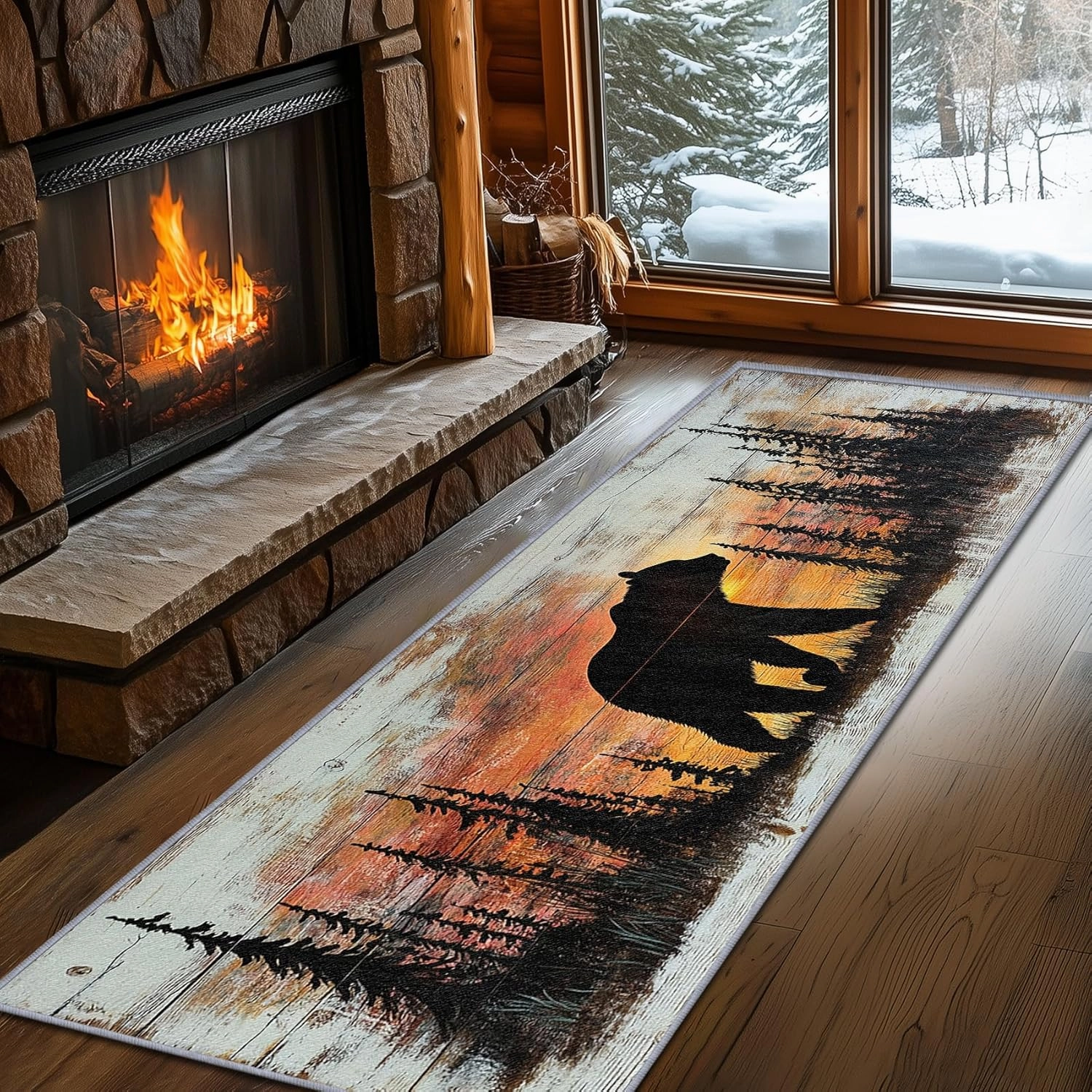 Rustic Rugs for Bedroom, Grizzly Bear Runners for Hallways, 2x10ft, Forest Landscape Cabin Animal Rug Runner, Farmhouse Lodge Country Washable Non Slip Runner Mat - Grizzly Bear Home Decor