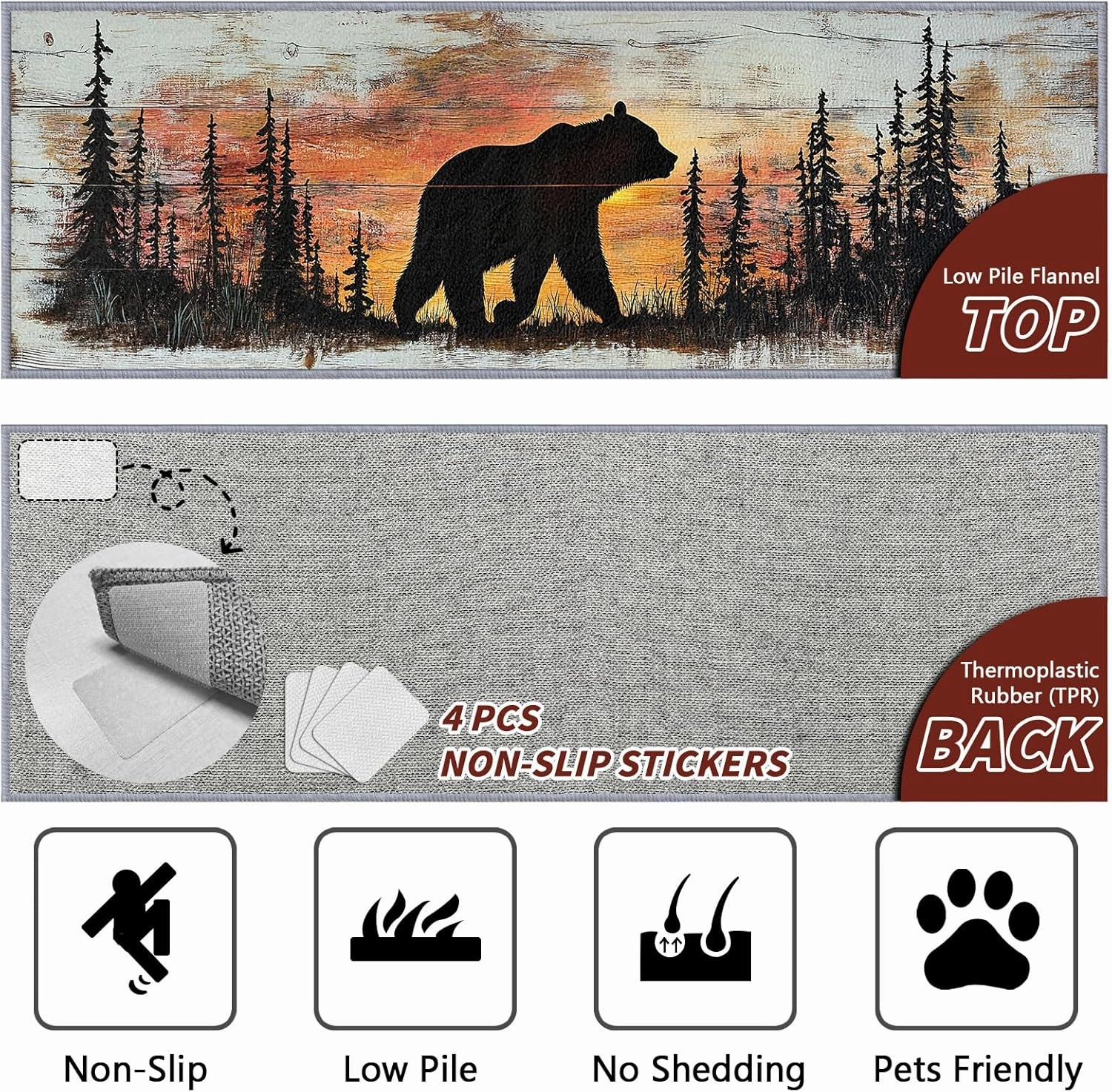 Rustic Rugs for Bedroom, Grizzly Bear Runners for Hallways, 2x10ft, Forest Landscape Cabin Animal Rug Runner, Farmhouse Lodge Country Washable Non Slip Runner Mat - Grizzly Bear Home Decor