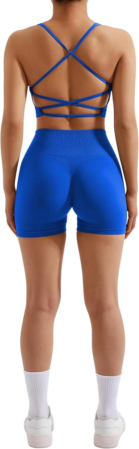 RXRXCOCO Seamless Workout Sets for Women 2 Piece Strappy Sports Bras Scrunch Butt Booty Shorts Matching Yoga Tracksuits