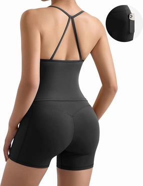 RXRXCOCO Cross Back Workout Sets for Women 2 Piece Padded Halter Tank Tops Hidden Scrunch Butt Booty Shorts with Pockets