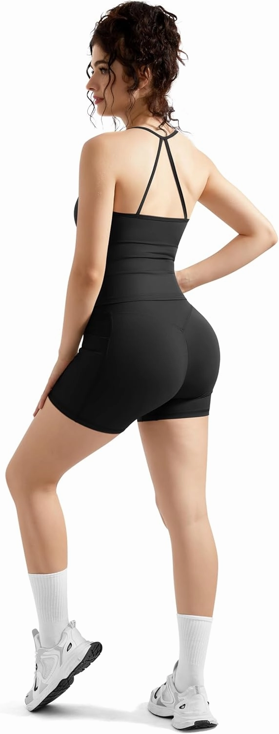 RXRXCOCO Cross Back Workout Sets for Women 2 Piece Padded Halter Tank Tops Hidden Scrunch Butt Booty Shorts with Pockets