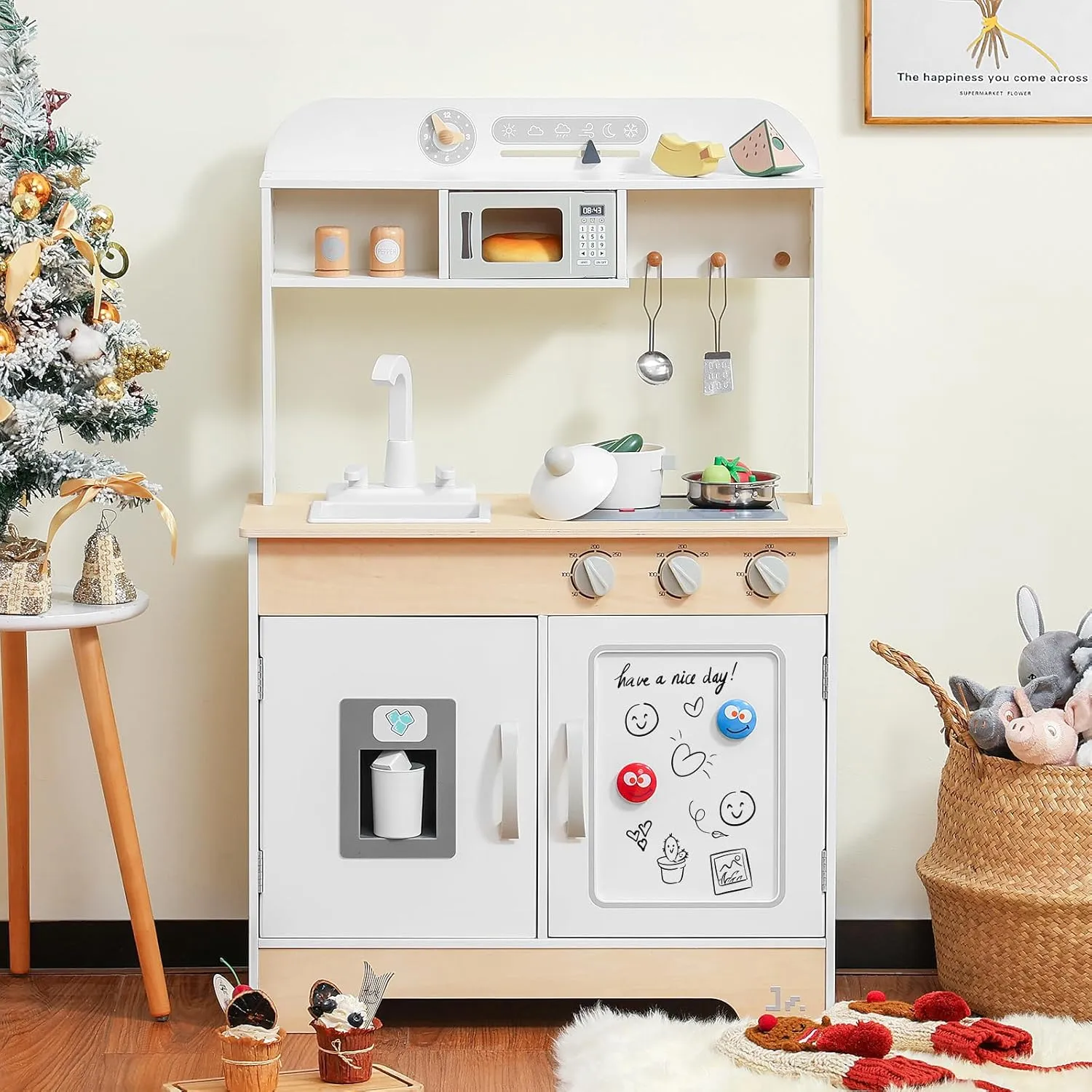SainSmart Jr. Wooden Play Kitchen for Kids - Premium Toddler Pretend Play Cooking Set - Includes Stove, Refrigerator, and Accessories for Boys and Girls
