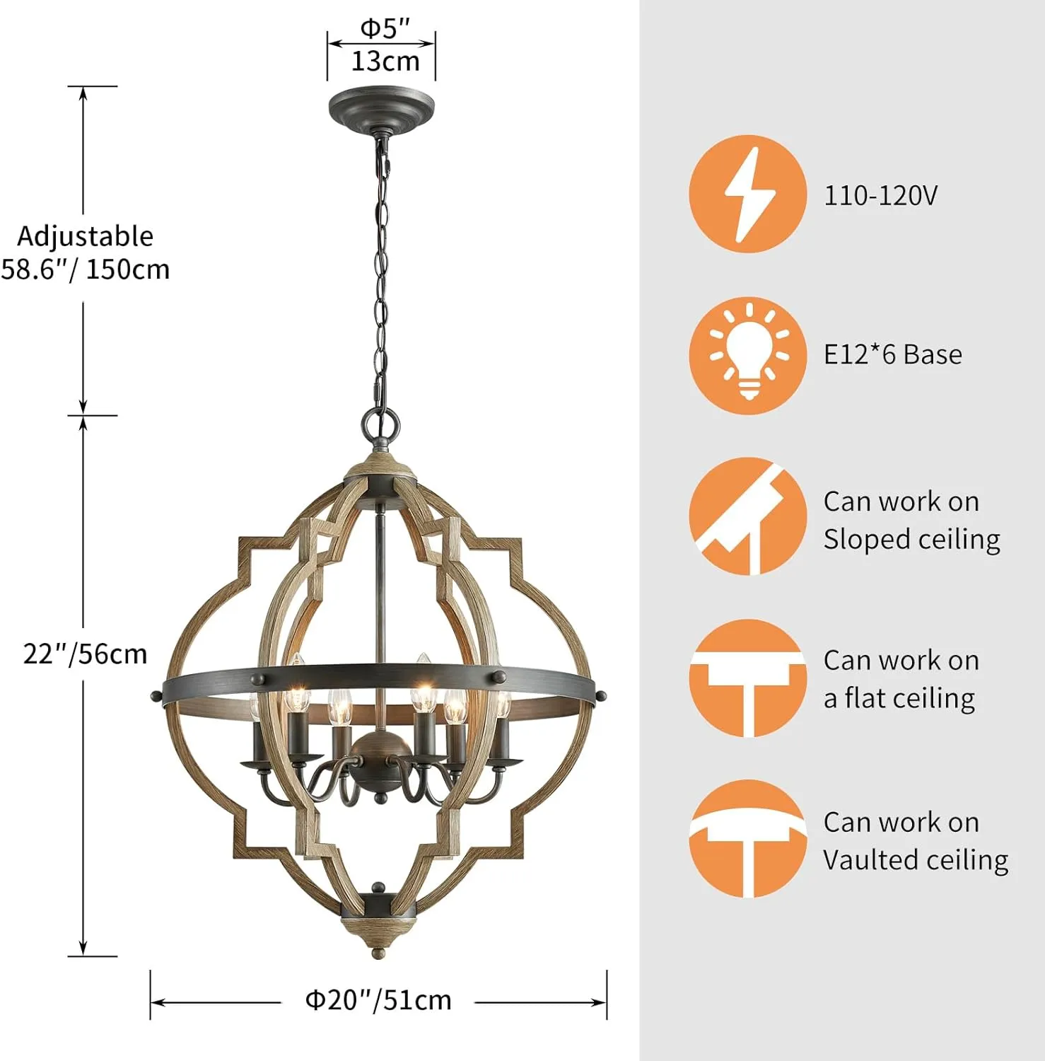 Saint Mossi 6-Lights Farmhouse Chandelier Light Fixture, Rustic Globe Chandelier for Dining Room, Pendant Light Fixtures,H29 x D21, Adjustable Hanging Chain, Wood Grain Metal Frame