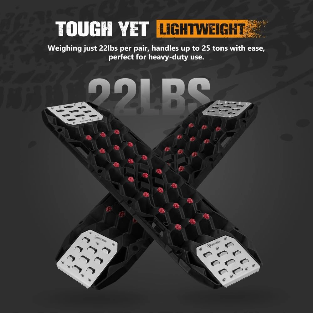 SanHima Offroad Traction Boards w/Jack Base, 120° Flexible Tire Traction Mat Replaceable Teeth & Rugged Steel Plate, 25 Tons Load Capacity Recovery Tracks for 4WD 4x4 in Sand Snow Mud