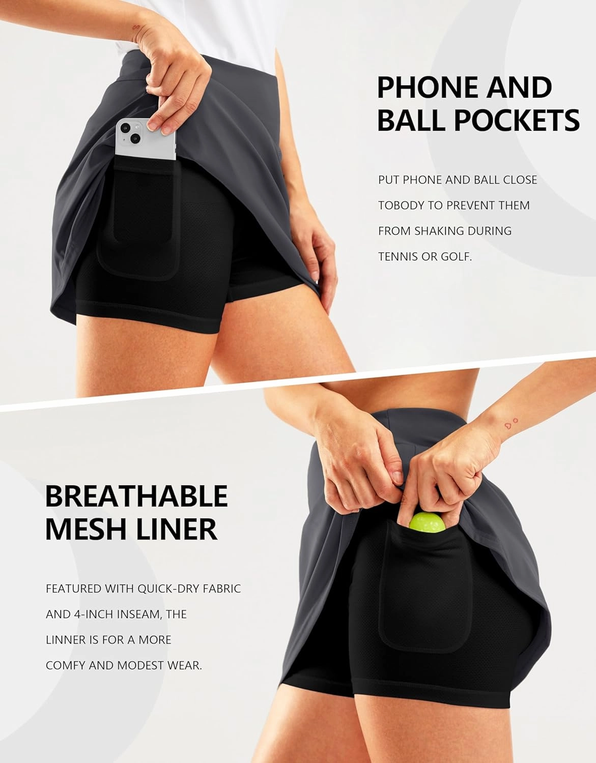 SANTINY 16" Golf Skorts Skirts for Women Zipper Pockets Women's High Waisted Tennis Skirt Athletic Skort