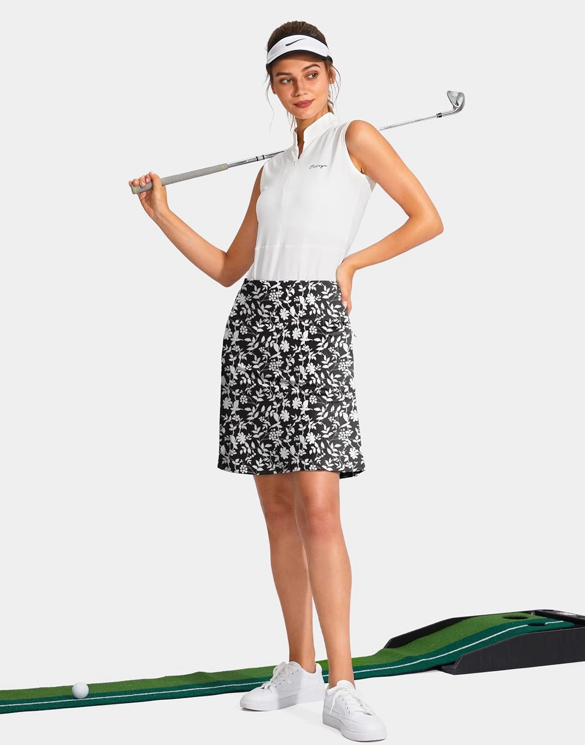 SANTINY 19" Golf Skorts Skirts for Women Zipper Pockets Knee Length Skort Women's High Waist Athletic Tennis Skirt