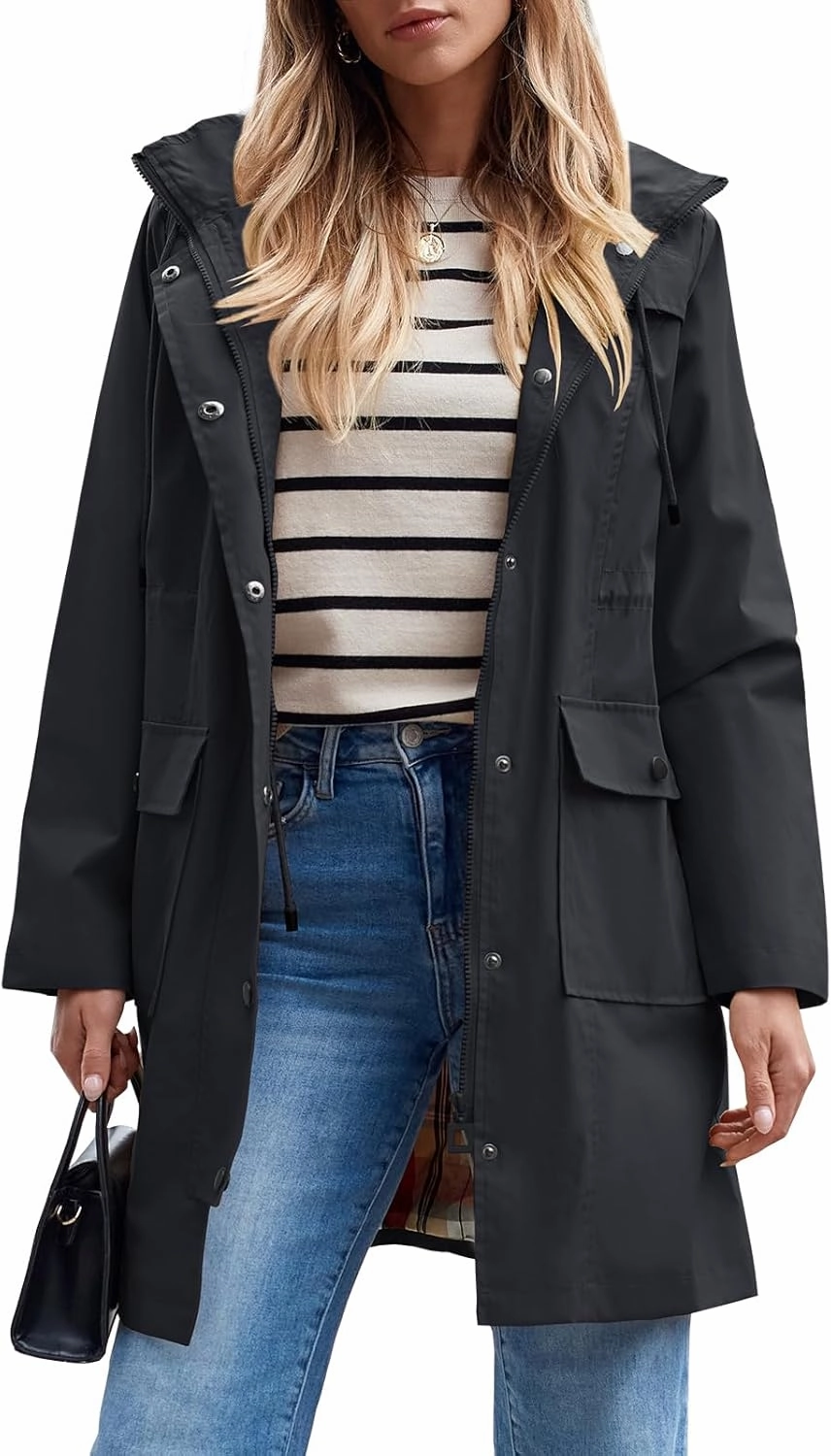 SaphiRose Women's Waterproof Rain Jacket Lightweight Raincoat Hooded Windbreaker Trench Coat