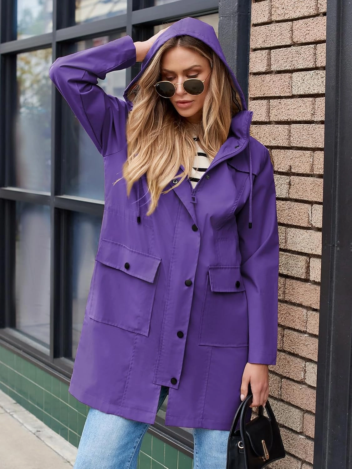 SaphiRose Women's Waterproof Rain Jacket Lightweight Raincoat Hooded Windbreaker Trench Coat