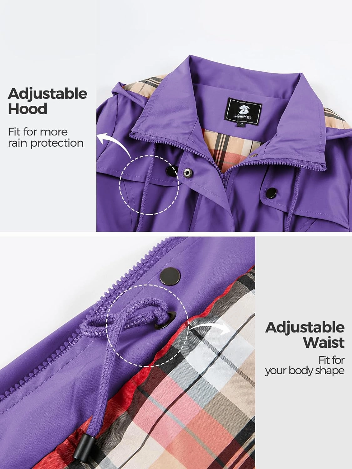 SaphiRose Women's Waterproof Rain Jacket Lightweight Raincoat Hooded Windbreaker Trench Coat