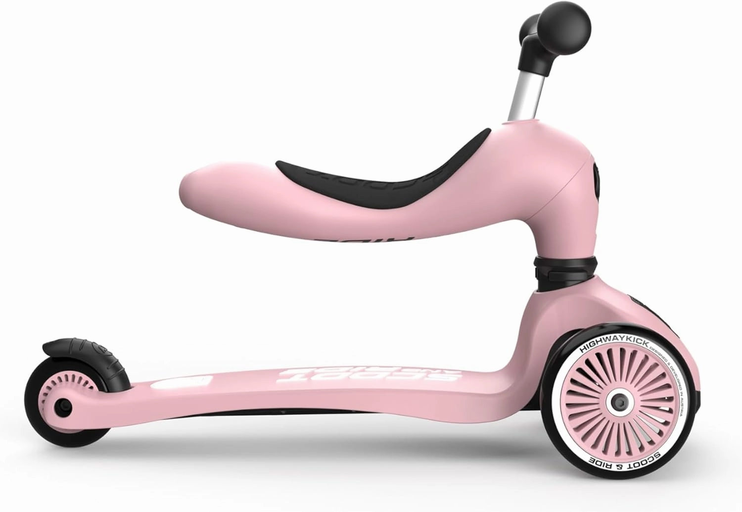 Scoot & Ride Highwaykick 1, 2-in-1 Toddler Scooter with Seat & Kickboard for Ages 1-5, Rose - Indoor or Outdoor Kids Ride-On Toy with Adjustable Handlebar & Seating Height and Anti-Tip Safety Pad