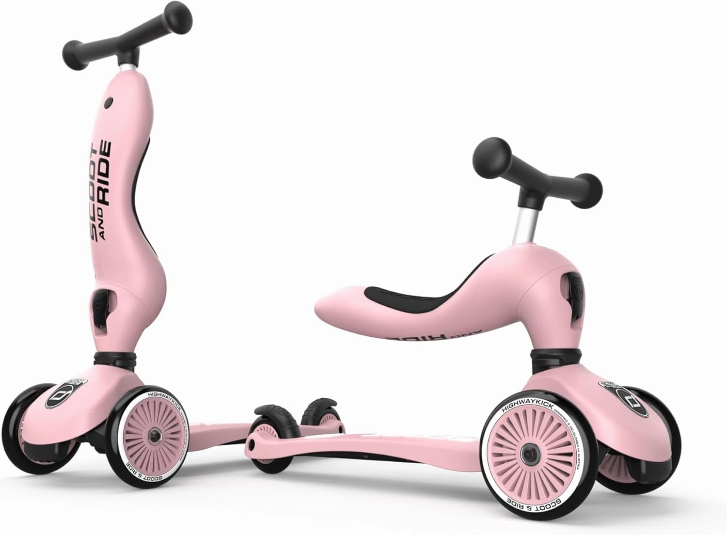 Scoot & Ride Highwaykick 1, 2-in-1 Toddler Scooter with Seat & Kickboard for Ages 1-5, Rose - Indoor or Outdoor Kids Ride-On Toy with Adjustable Handlebar & Seating Height and Anti-Tip Safety Pad