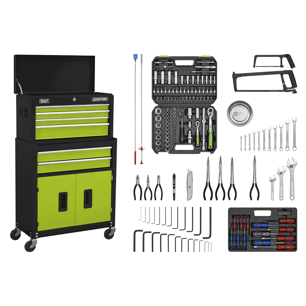Sealey Topchest & Rollcab Combination 6 Drawer with Ball-Bearing Slides - Green/Black & 170pc Tool Kit