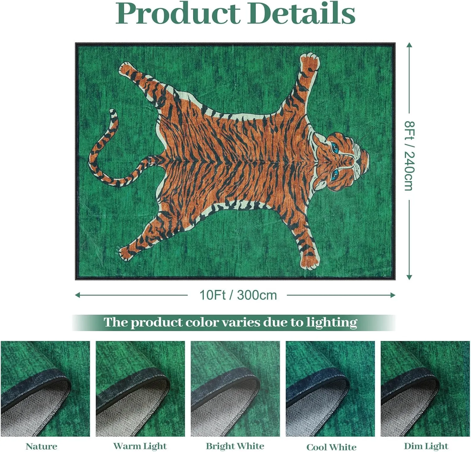 Seavish Tiger Rug 8x10 Rugs for Living Room Washable Green Animal Print Rugs for Bedroom Aesthetic Low Pile Modern Large Western Decor Accent Area Rugs Soft Floor Carpet for Playroom Dining Room