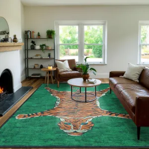 Seavish Tiger Rug 8x10 Rugs for Living Room Washable Green Animal Print Rugs for Bedroom Aesthetic Low Pile Modern Large Western Decor Accent Area Rugs Soft Floor Carpet for Playroom Dining Room