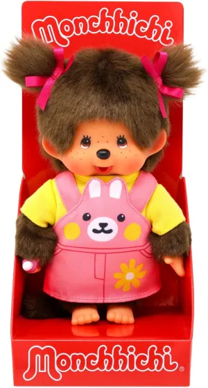 Sekiguchi - Monchhichi 203888-Monchhichi Original Girl with Dress with Bib and Rabbit Face, Plush Approx. 20 cm Brown, Multicoloured, One Size (203888)