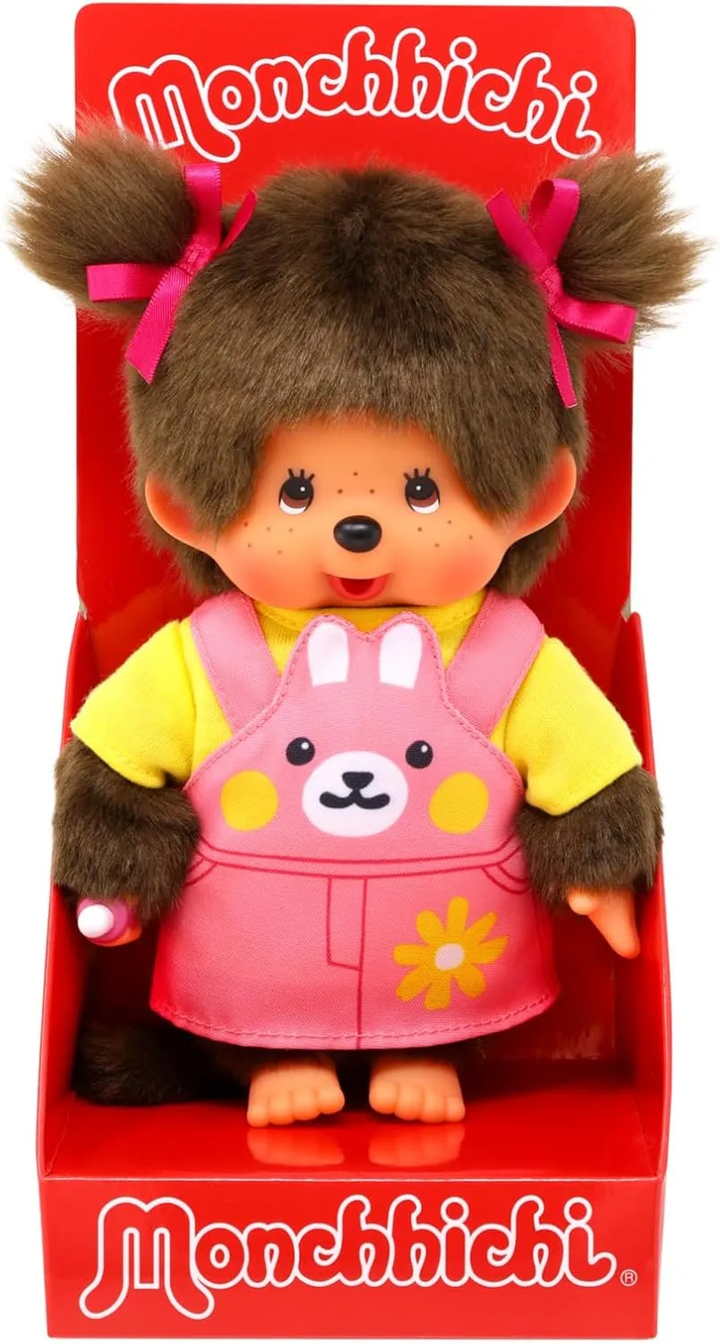 Sekiguchi - Monchhichi 203888-Monchhichi Original Girl with Dress with Bib and Rabbit Face, Plush Approx. 20 cm Brown, Multicoloured, One Size (203888)