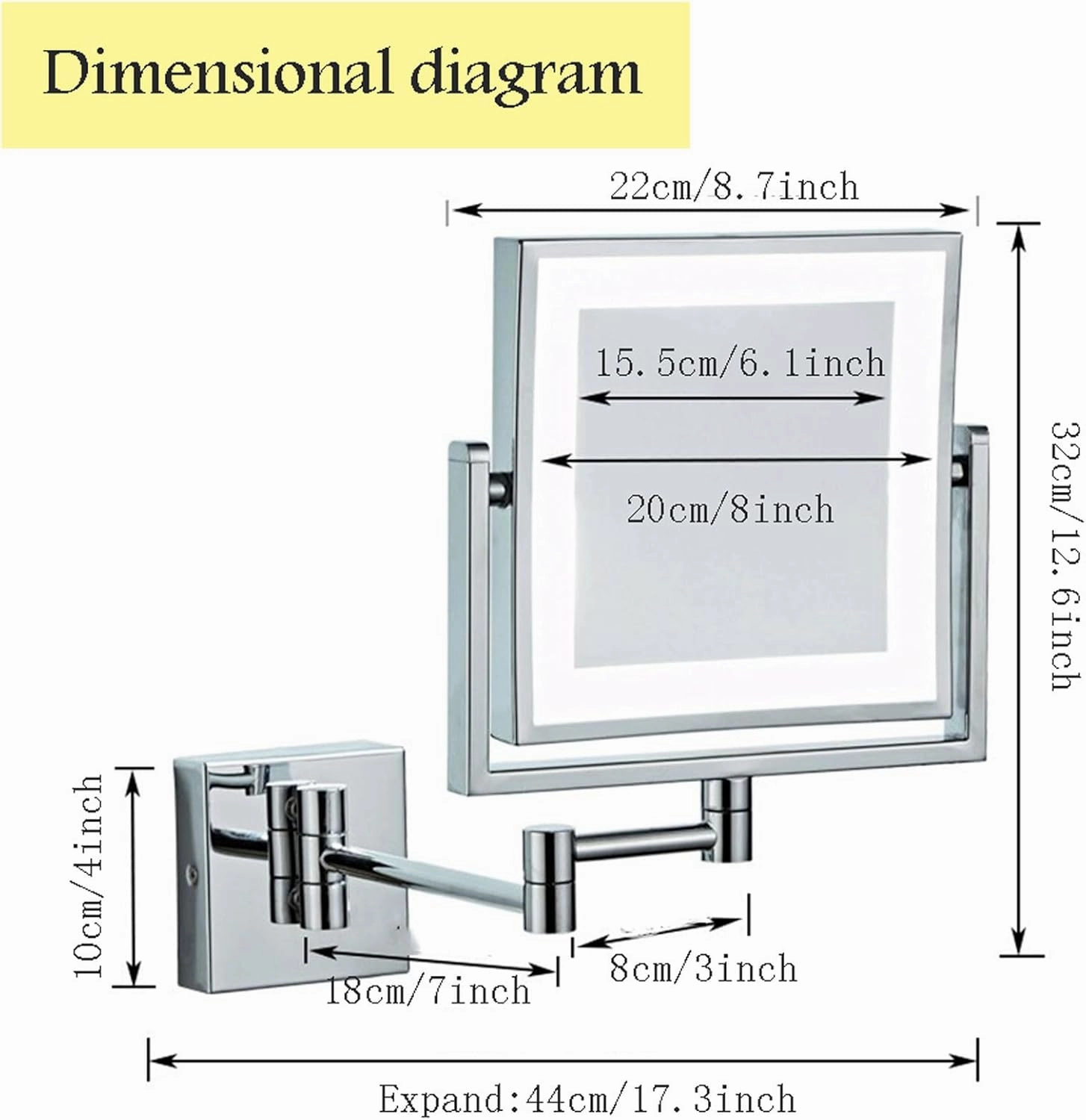 Sensor Wall-Mounted Illuminated Makeup Mirror, Square Double-Sided Magnifying Mirror, 360° Rotating Bathroom Cosmetic Mirror, Foldable Vanity Mirror Shaving Mirror