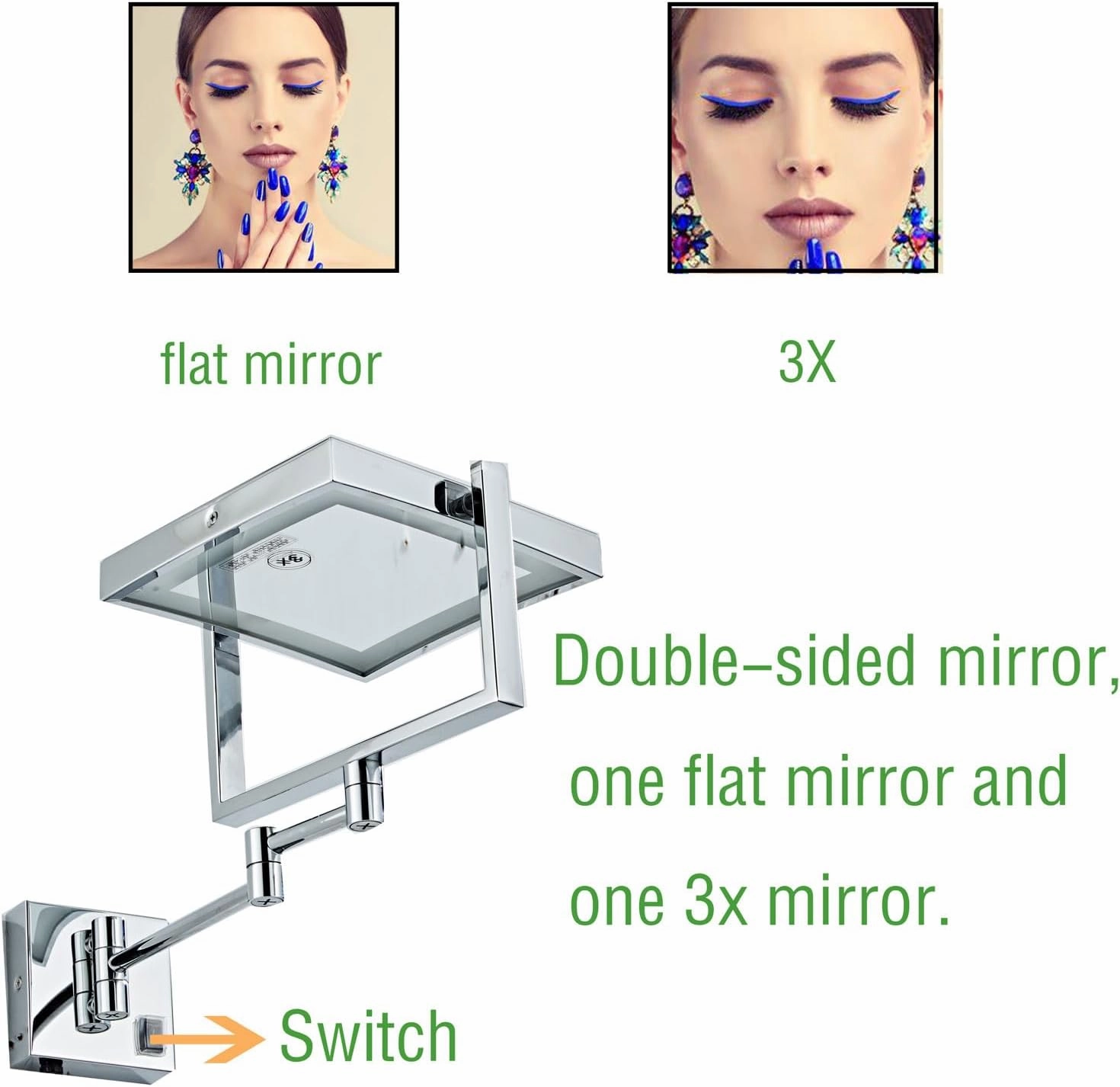 Sensor Wall-Mounted Illuminated Makeup Mirror, Square Double-Sided Magnifying Mirror, 360° Rotating Bathroom Cosmetic Mirror, Foldable Vanity Mirror Shaving Mirror
