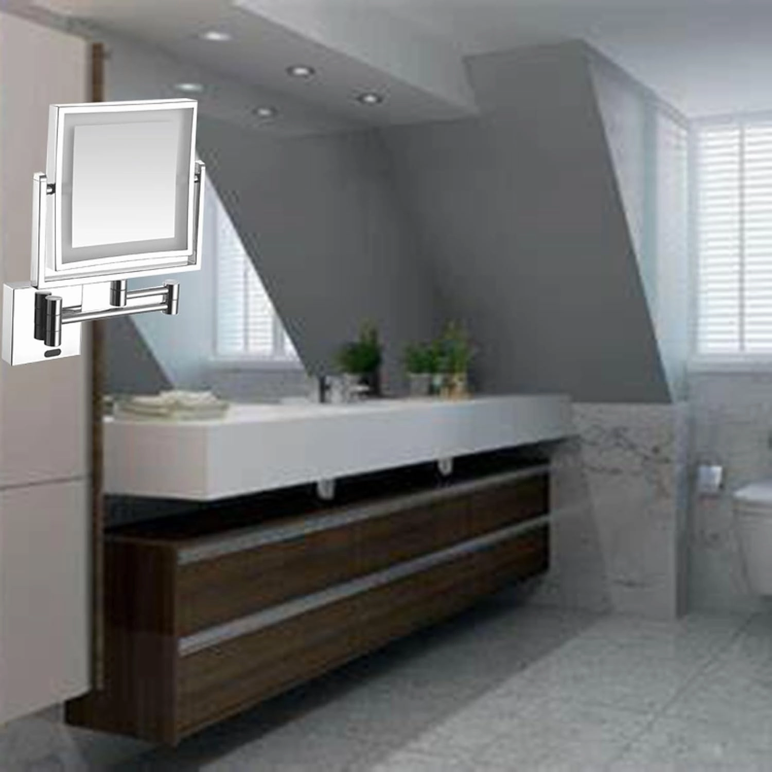 Sensor Wall-Mounted Illuminated Makeup Mirror, Square Double-Sided Magnifying Mirror, 360° Rotating Bathroom Cosmetic Mirror, Foldable Vanity Mirror Shaving Mirror