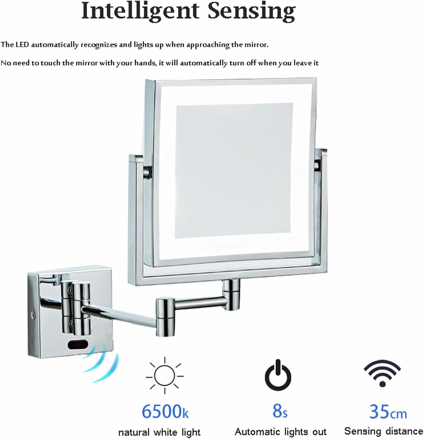 Sensor Wall-Mounted Illuminated Makeup Mirror, Square Double-Sided Magnifying Mirror, 360° Rotating Bathroom Cosmetic Mirror, Foldable Vanity Mirror Shaving Mirror