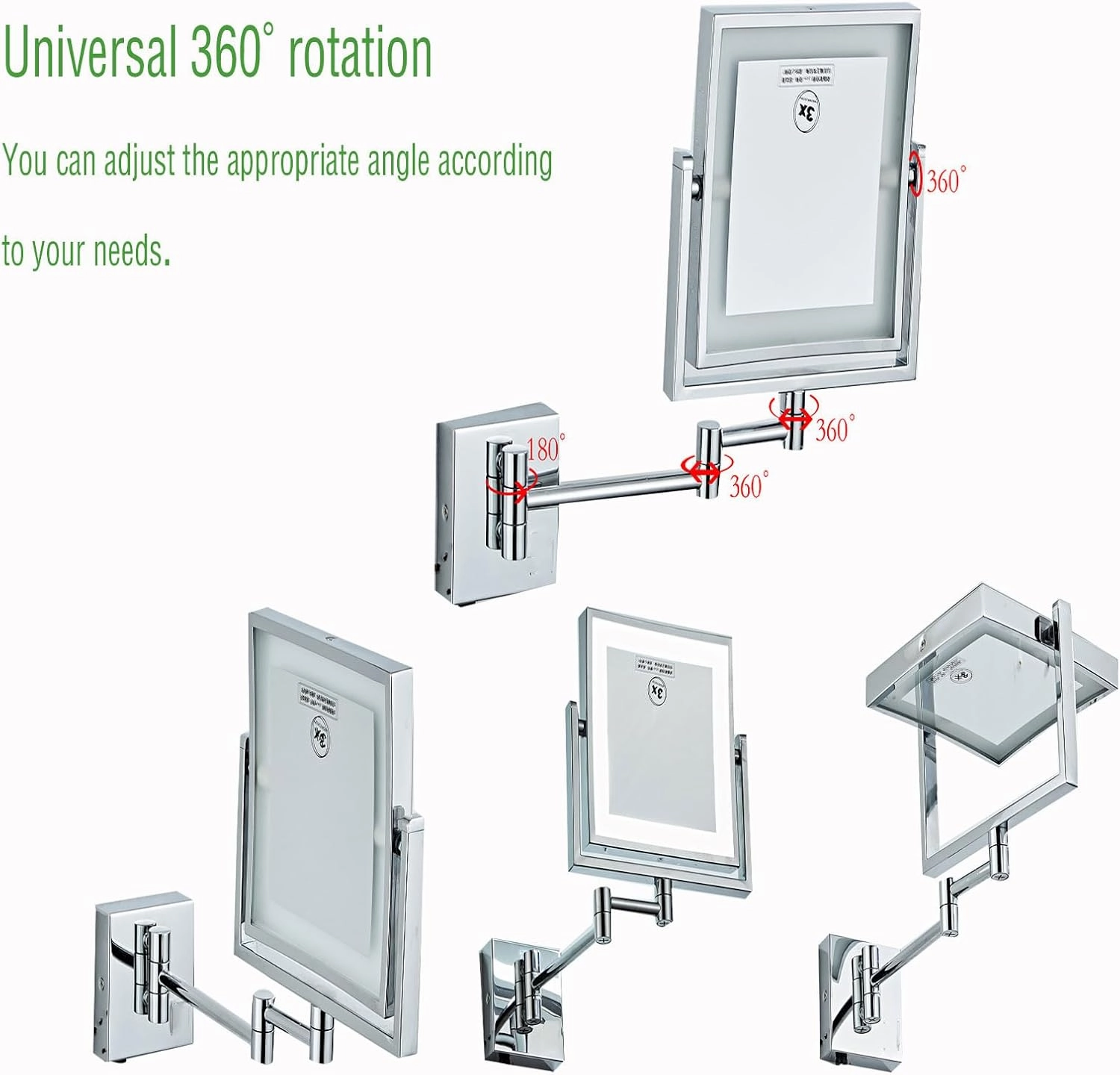 Sensor Wall-Mounted Illuminated Makeup Mirror, Square Double-Sided Magnifying Mirror, 360° Rotating Bathroom Cosmetic Mirror, Foldable Vanity Mirror Shaving Mirror