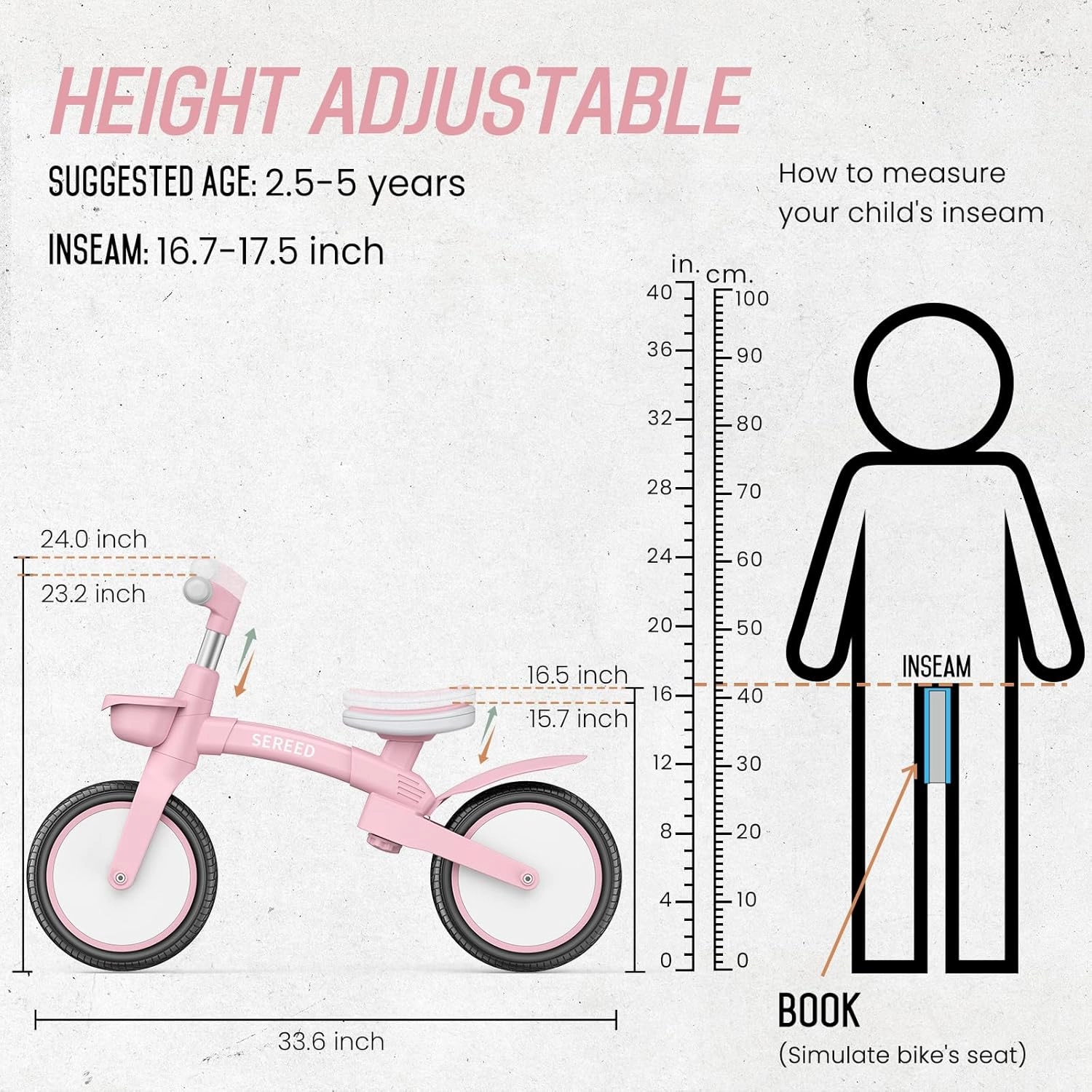 SEREED Toddler Balance Bike 2.5 Year Old, 12 Inch Adjustable Kids Bike Toy with Basket, Birthday Gift for Age 3 4 5 Boys Girls, Tool-Free Assembly, No Pedal (Pink)