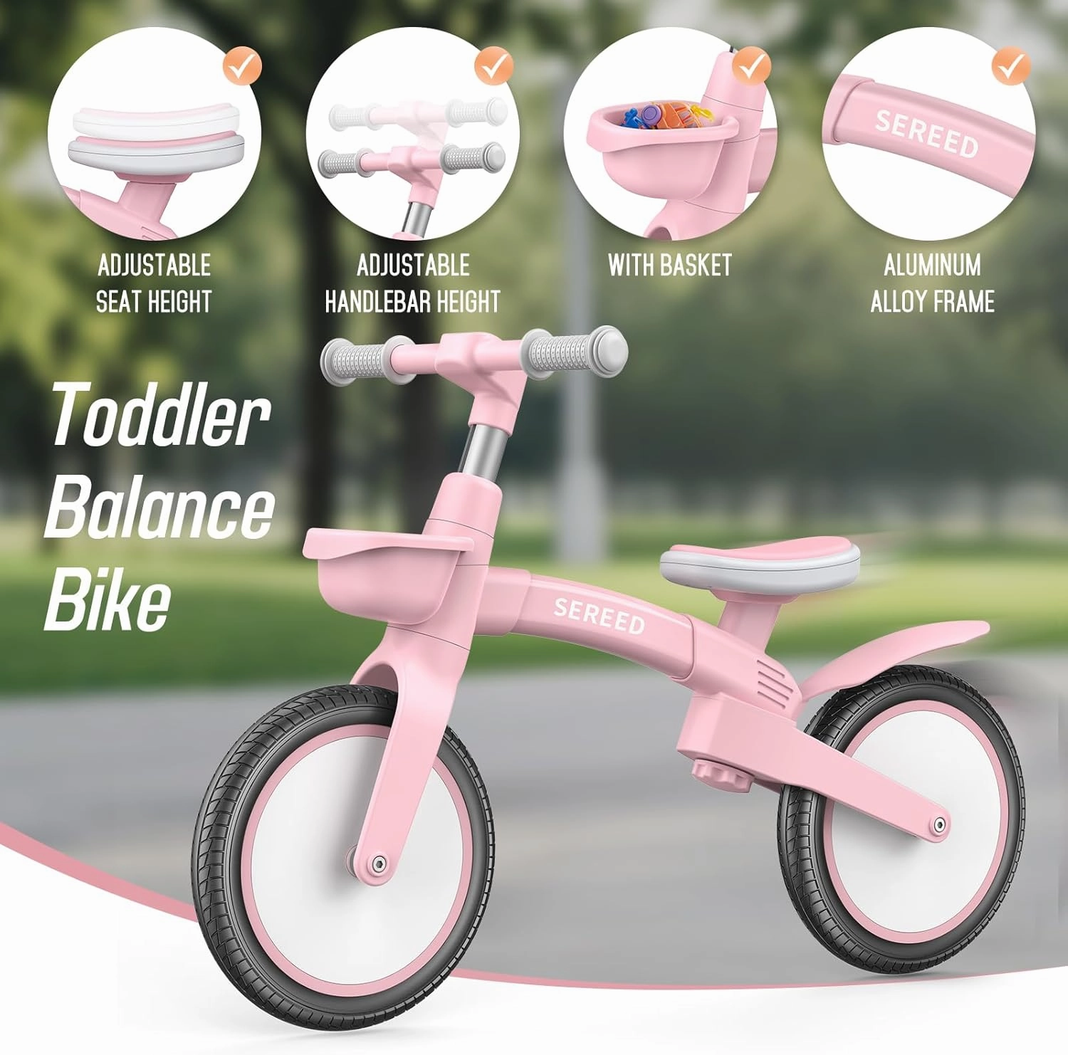 SEREED Toddler Balance Bike 2.5 Year Old, 12 Inch Adjustable Kids Bike Toy with Basket, Birthday Gift for Age 3 4 5 Boys Girls, Tool-Free Assembly, No Pedal (Pink)