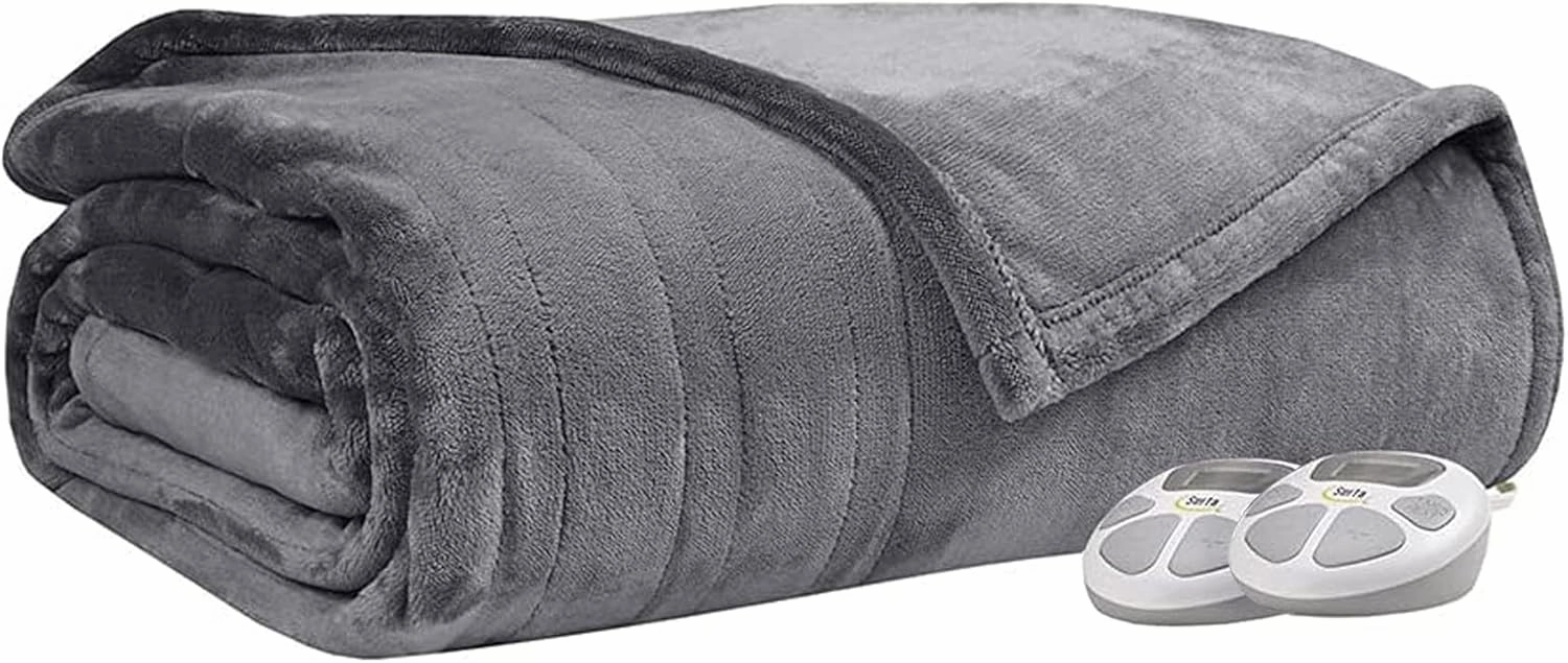 Serta Luxuriously Soft Plush Electric Blanket Fast Heating Cozy Cover, Safety Auto Shut Off Timer, Low EMF, Multi Heat Setting, ETL Certified, Machine Washable, Grey King (92 in x 100 in)