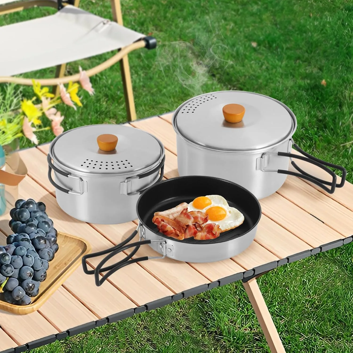 Set of 3 304 Stainless Steel Camping Pots and Pans, Cooking Equipment with Travel Bag for Camping Outdoor Cooking Picnic