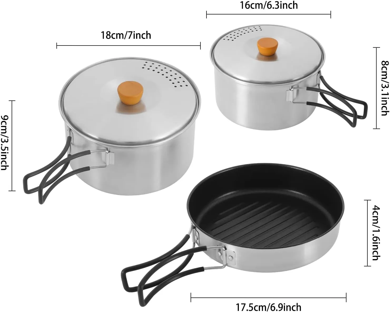 Set of 3 304 Stainless Steel Camping Pots and Pans, Cooking Equipment with Travel Bag for Camping Outdoor Cooking Picnic