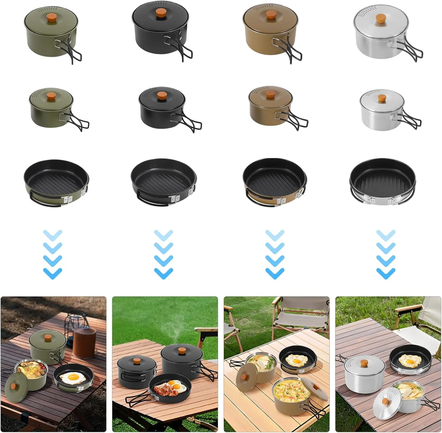 Set of 3 304 Stainless Steel Camping Pots and Pans, Cooking Equipment with Travel Bag for Camping Outdoor Cooking Picnic