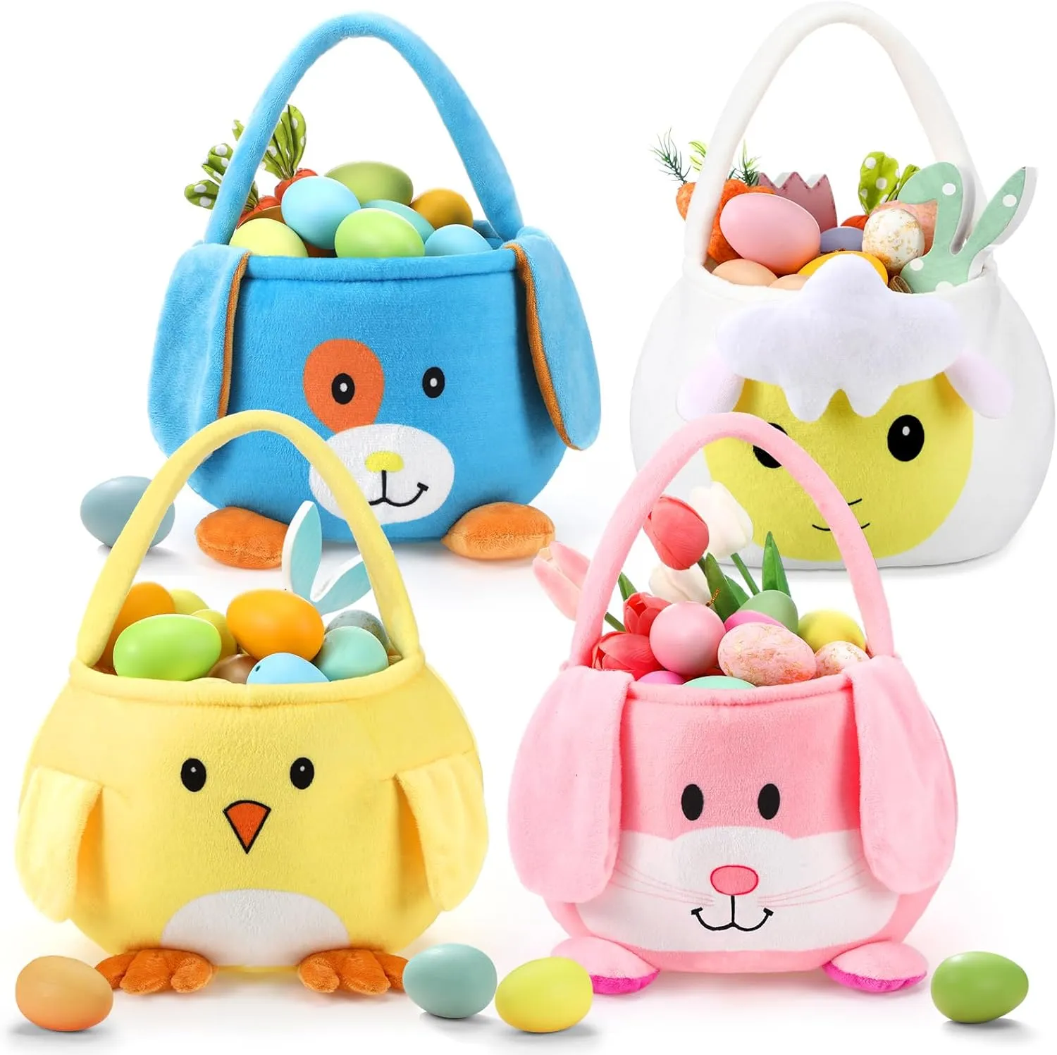 Set of 4pcs, Dia 11.02" * H 11.8", Plush Chick&Bunny&Sheep Easter Basket Cute Easter Hunting Basket for Easter Gifts Decorations