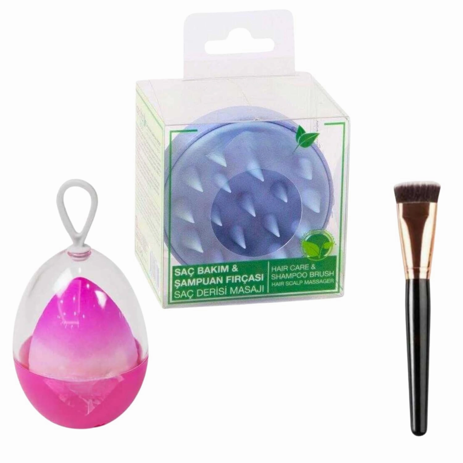 Shampoo Brush   Egg Makeup Sponge   Contour Brush - 3-Piece Care and Makeup Set For Scalp Massage, Flawless Foundation Application and Professional Contouring, Ideal for Gift, Made in Turkey