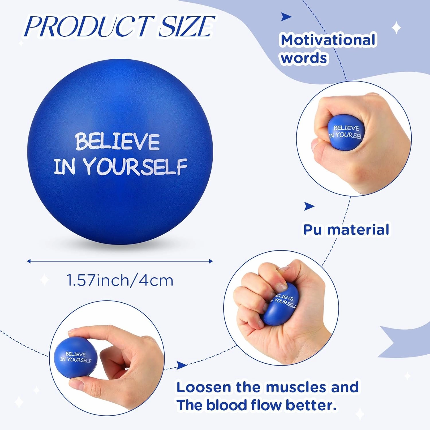 Shappy 72 Pcs Inspirational Stress Relief Balls Motivational Stress Ball Encouraging PU Bulk Squish Balls for Adults Small Therapy Fidget Relief Toys for Valentines Gifts Fidget Anxiety Anger(Blue)