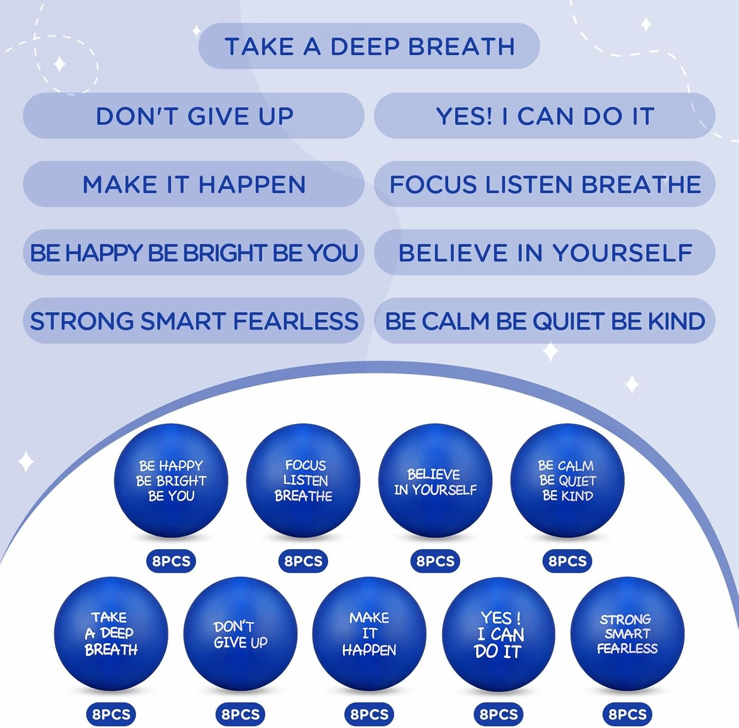 Shappy 72 Pcs Inspirational Stress Relief Balls Motivational Stress Ball Encouraging PU Bulk Squish Balls for Adults Small Therapy Fidget Relief Toys for Valentines Gifts Fidget Anxiety Anger(Blue)