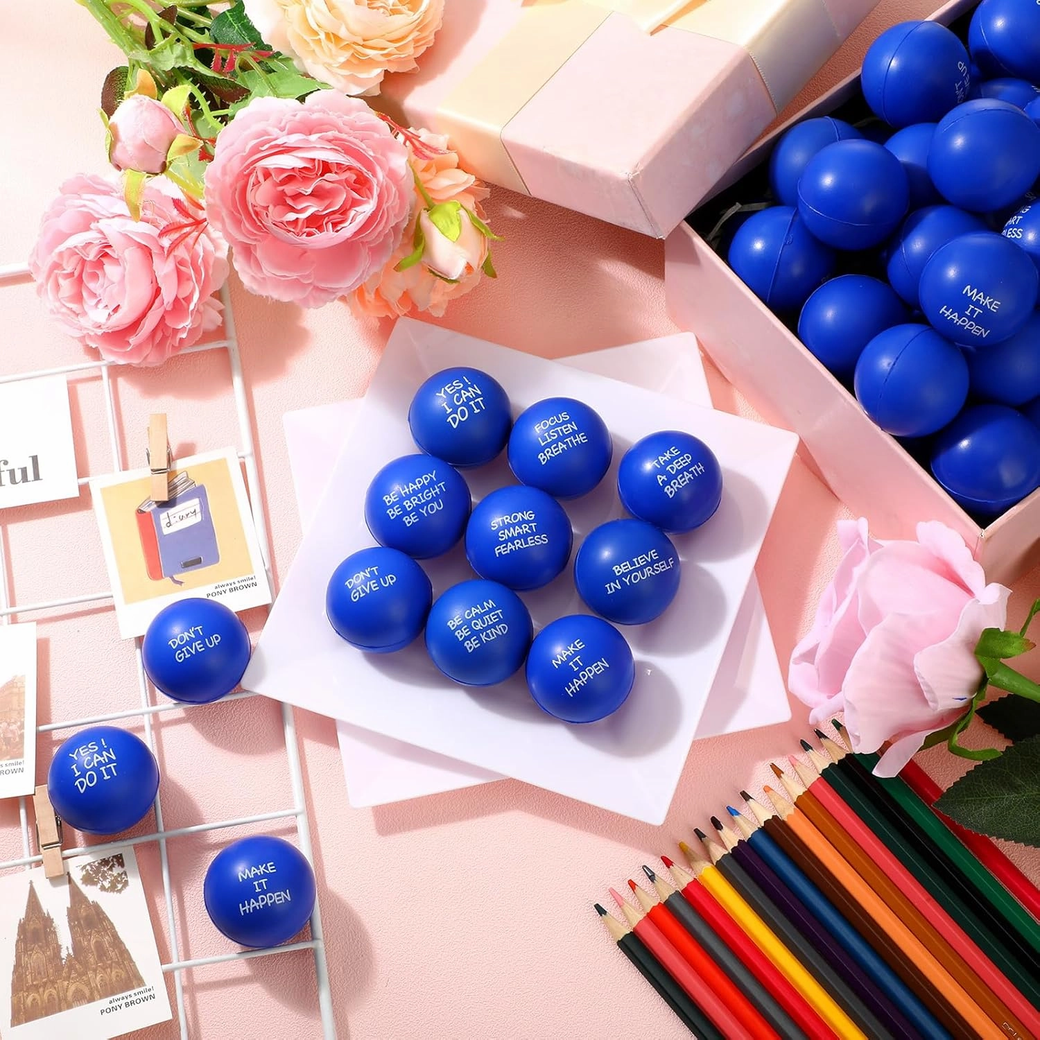 Shappy 72 Pcs Inspirational Stress Relief Balls Motivational Stress Ball Encouraging PU Bulk Squish Balls for Adults Small Therapy Fidget Relief Toys for Valentines Gifts Fidget Anxiety Anger(Blue)