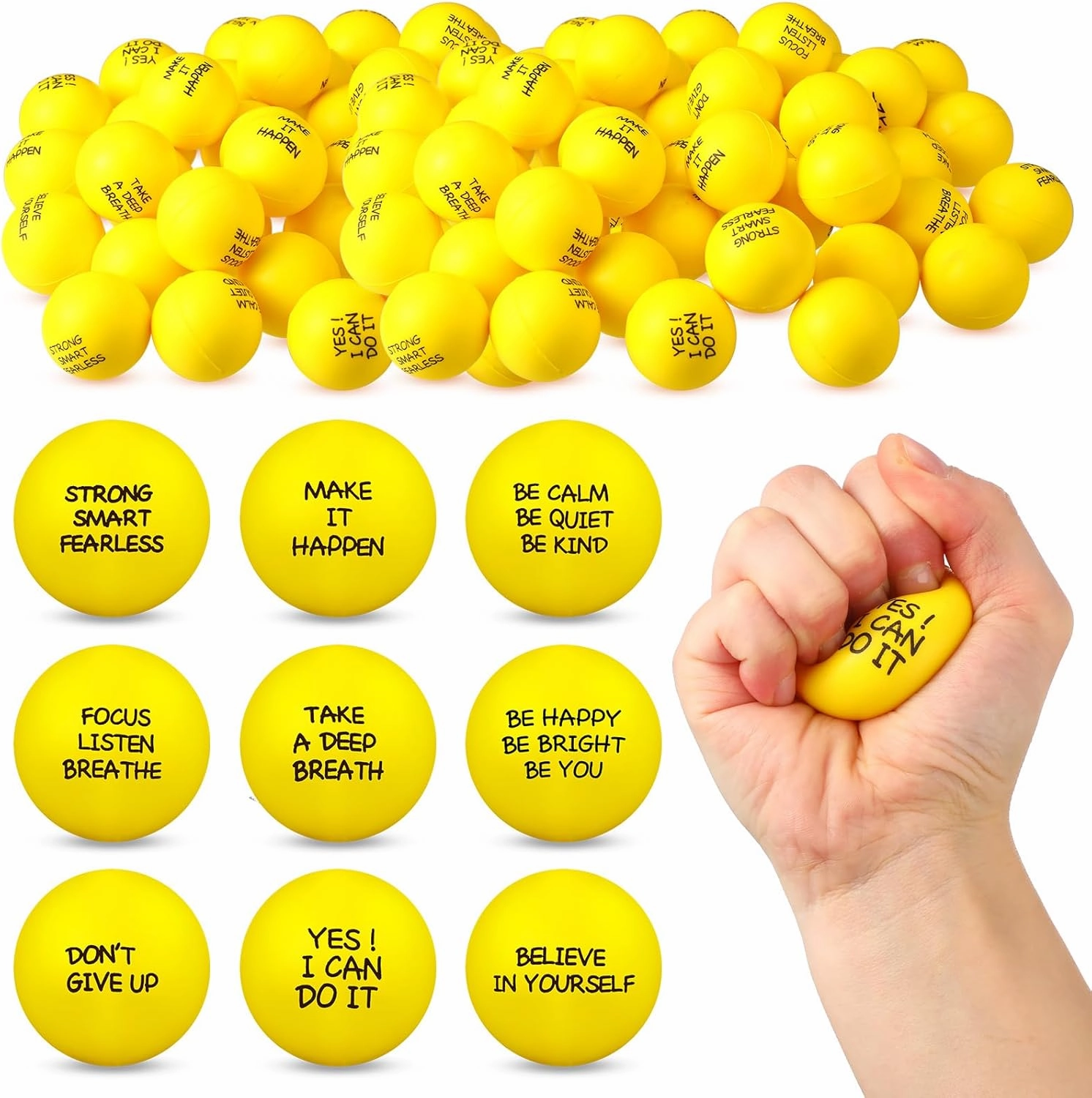 Shappy 72 Pcs Inspirational Stress Relief Balls Motivational Stress Ball Encouraging PU Bulk Stress Ball for Adults Small Therapy Stress Relief Toys for Valentines Gifts Fidget Anxiety Anger(Yellow)