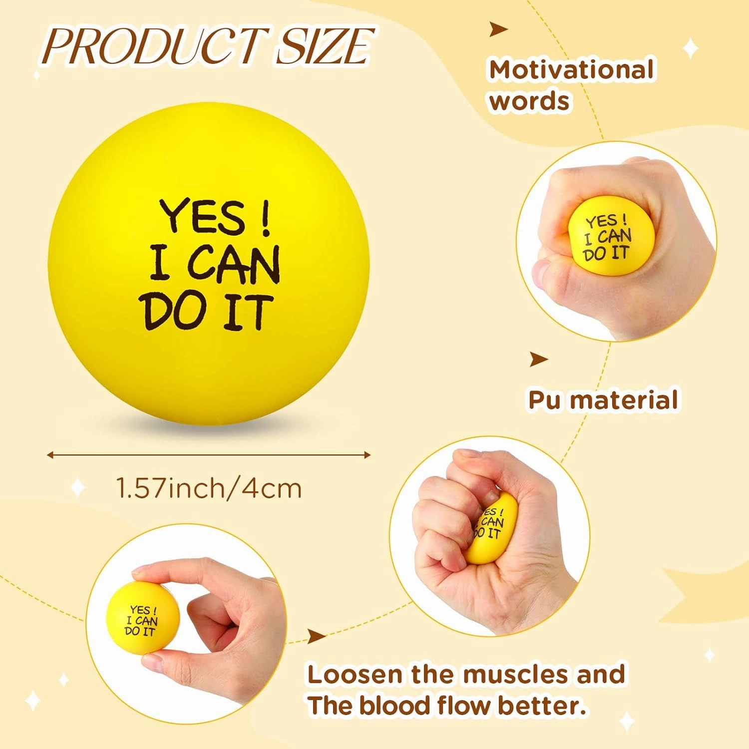 Shappy 72 Pcs Inspirational Stress Relief Balls Motivational Stress Ball Encouraging PU Bulk Stress Ball for Adults Small Therapy Stress Relief Toys for Valentines Gifts Fidget Anxiety Anger(Yellow)