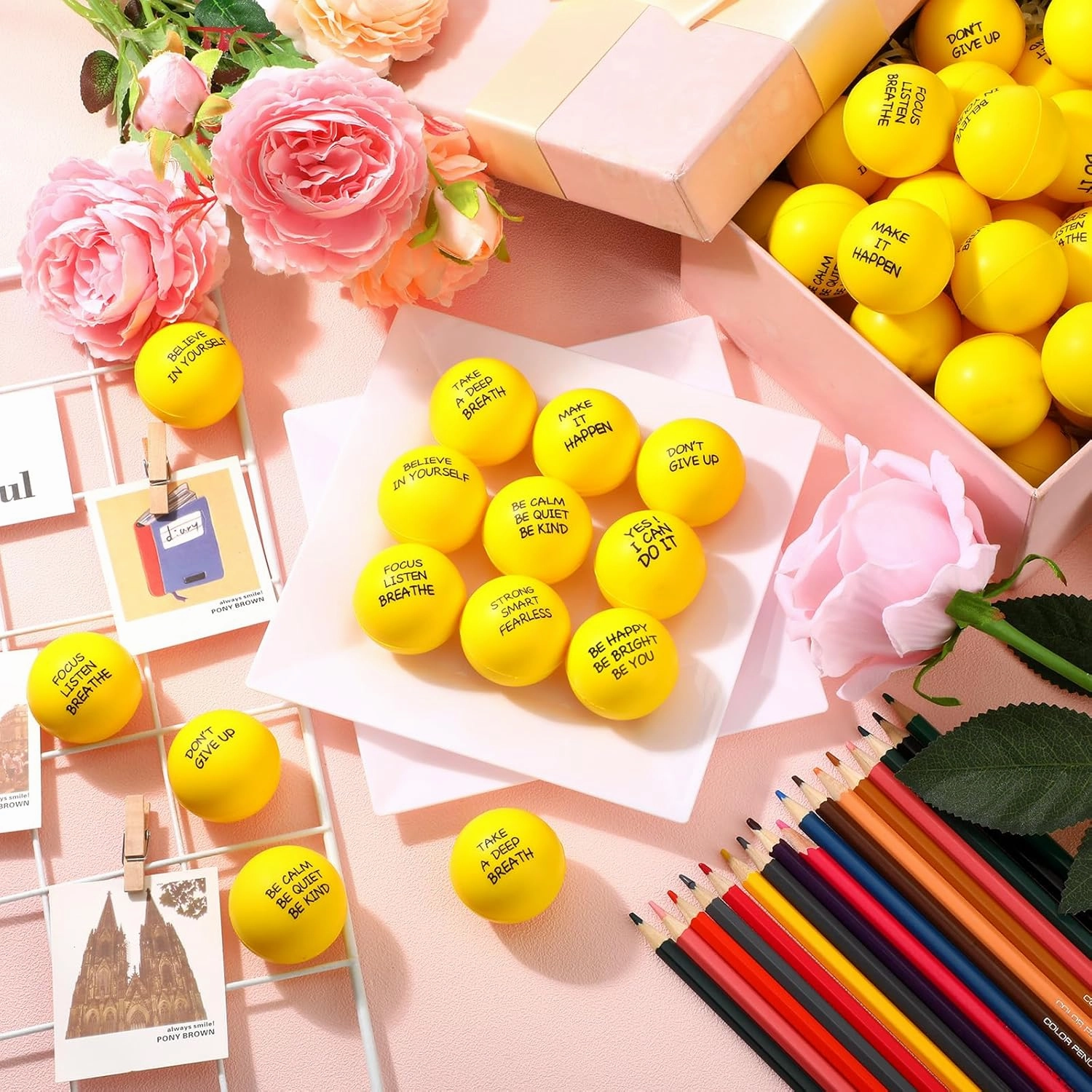 Shappy 72 Pcs Inspirational Stress Relief Balls Motivational Stress Ball Encouraging PU Bulk Stress Ball for Adults Small Therapy Stress Relief Toys for Valentines Gifts Fidget Anxiety Anger(Yellow)