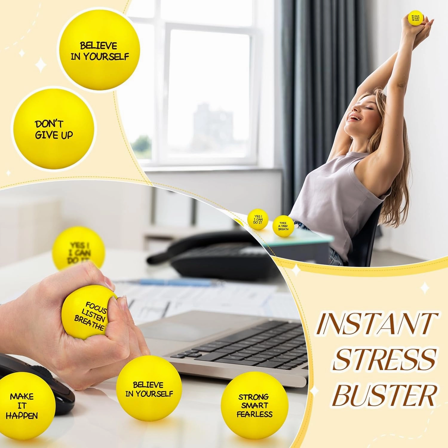 Shappy 72 Pcs Inspirational Stress Relief Balls Motivational Stress Ball Encouraging PU Bulk Stress Ball for Adults Small Therapy Stress Relief Toys for Valentines Gifts Fidget Anxiety Anger(Yellow)