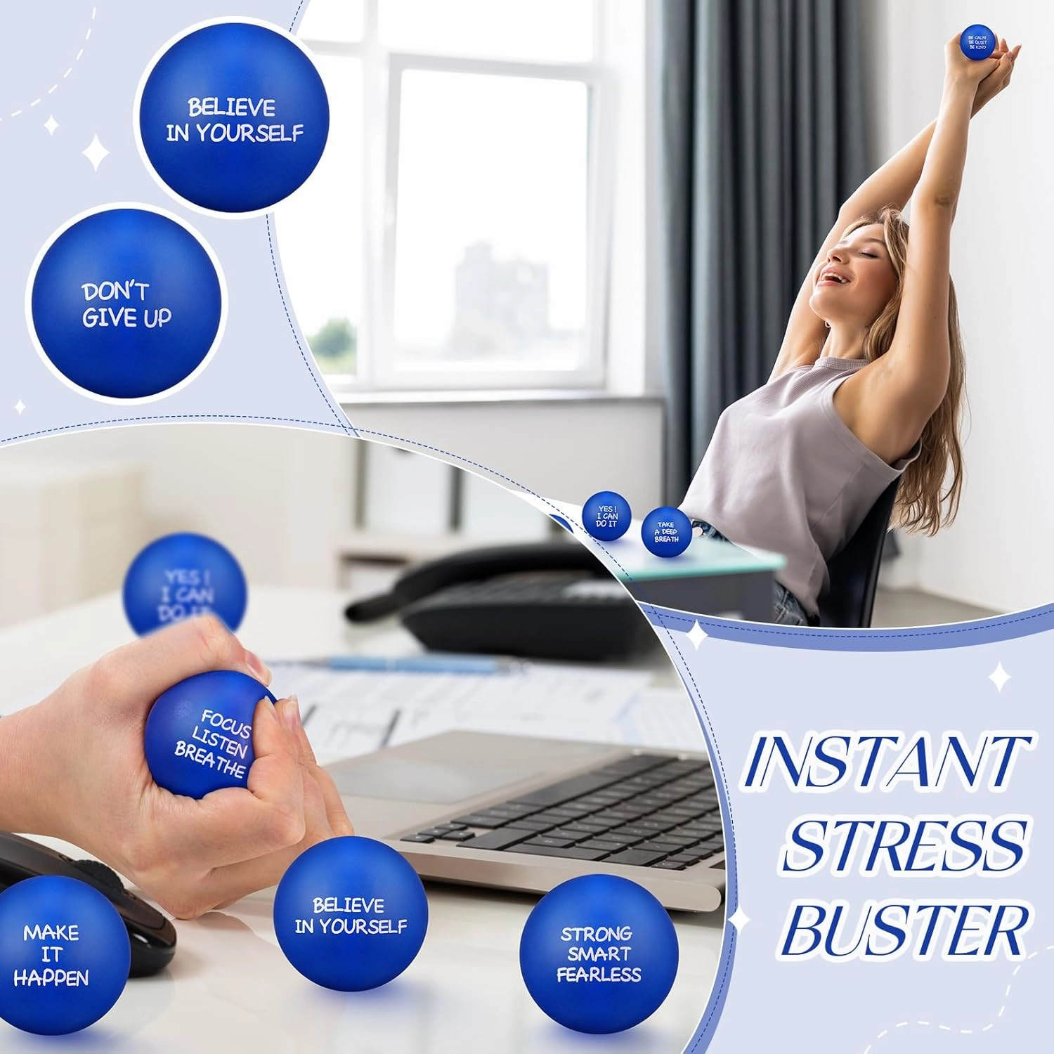 Shappy 72 Pcs Inspirational Stress Relief Balls Motivational Stress Ball Encouraging PU Bulk Stress Balls for Adults Small Therapy Fidget Relief Toys for Valentines Gifts Fidget Anxiety(Blue)