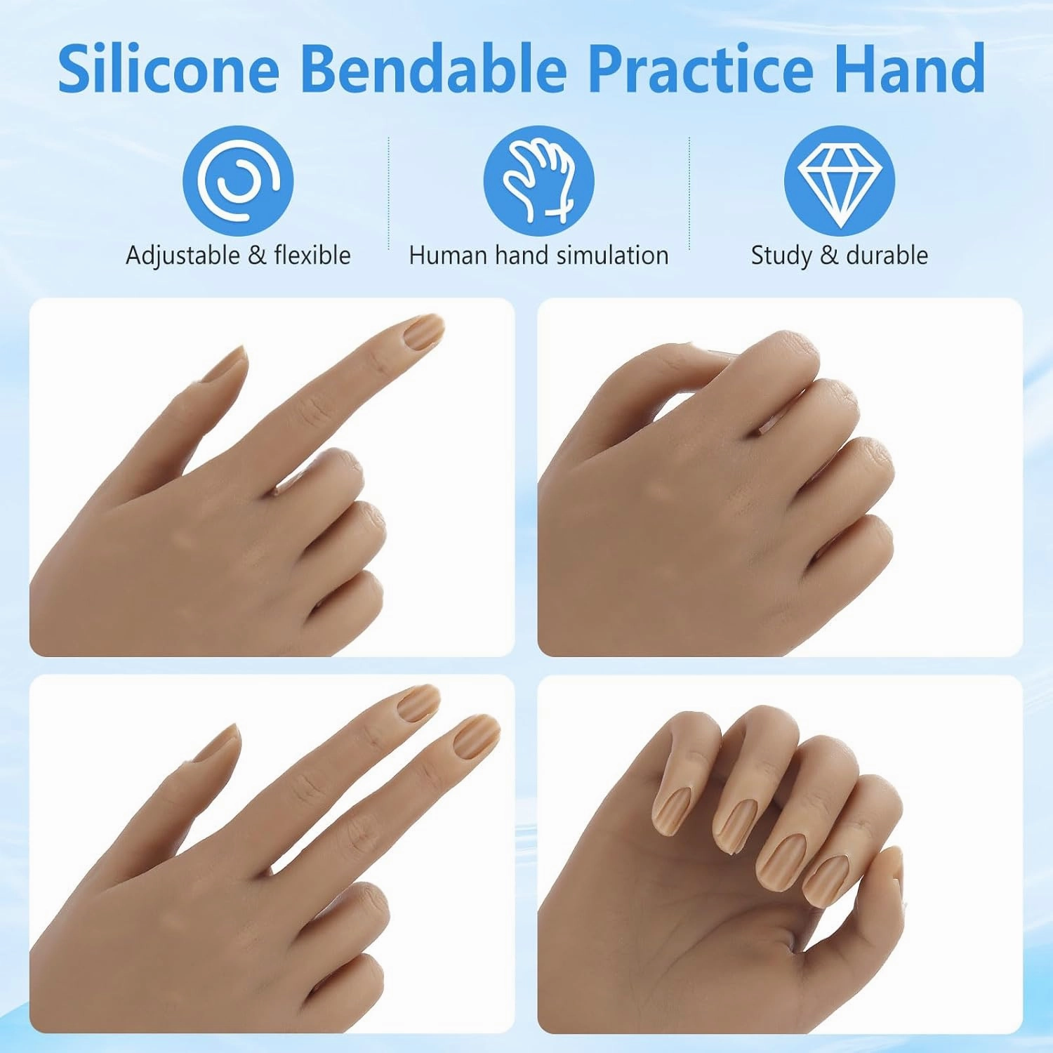 Silicone Hand for Acrylic Nails with Stand Bracket,Realistic Silicone Nail Training Hand, Soft Flexible Bendable Nail Practice Mannequin Hand for Nails Art DIY Print Practice Tool (Right Hand)