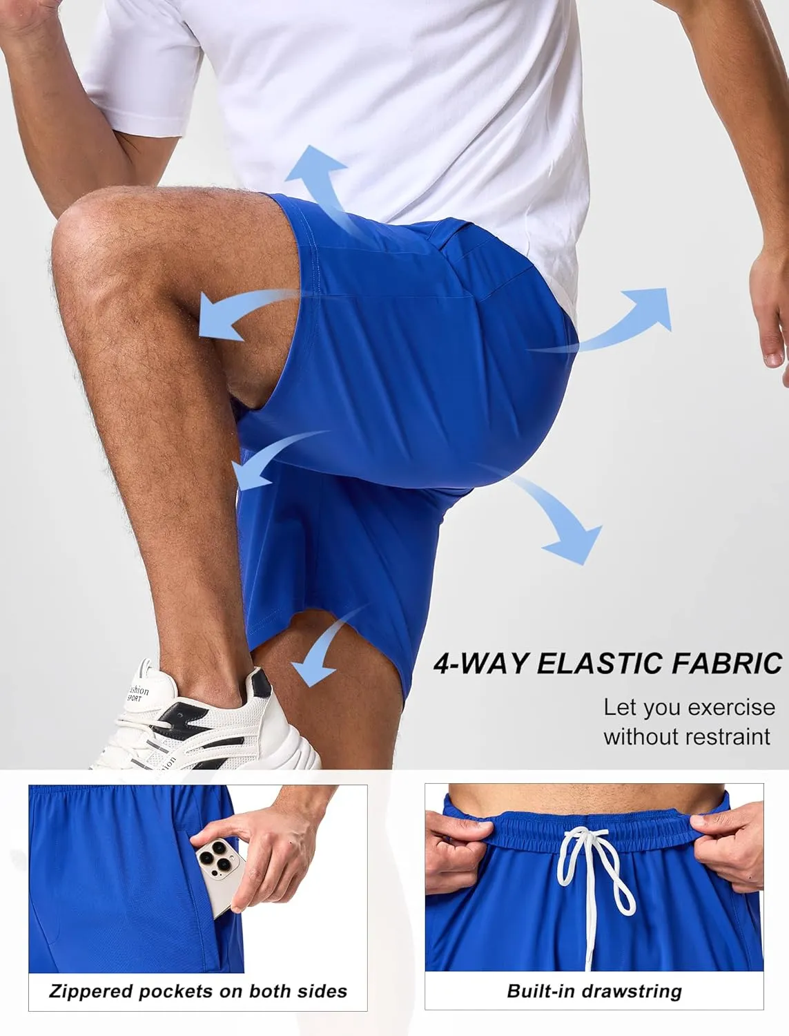 SILKWORLD Men's Quick Dry Athletic Running Shorts with Zipper Pockets 7" Stretch Gym Workout Training Shorts