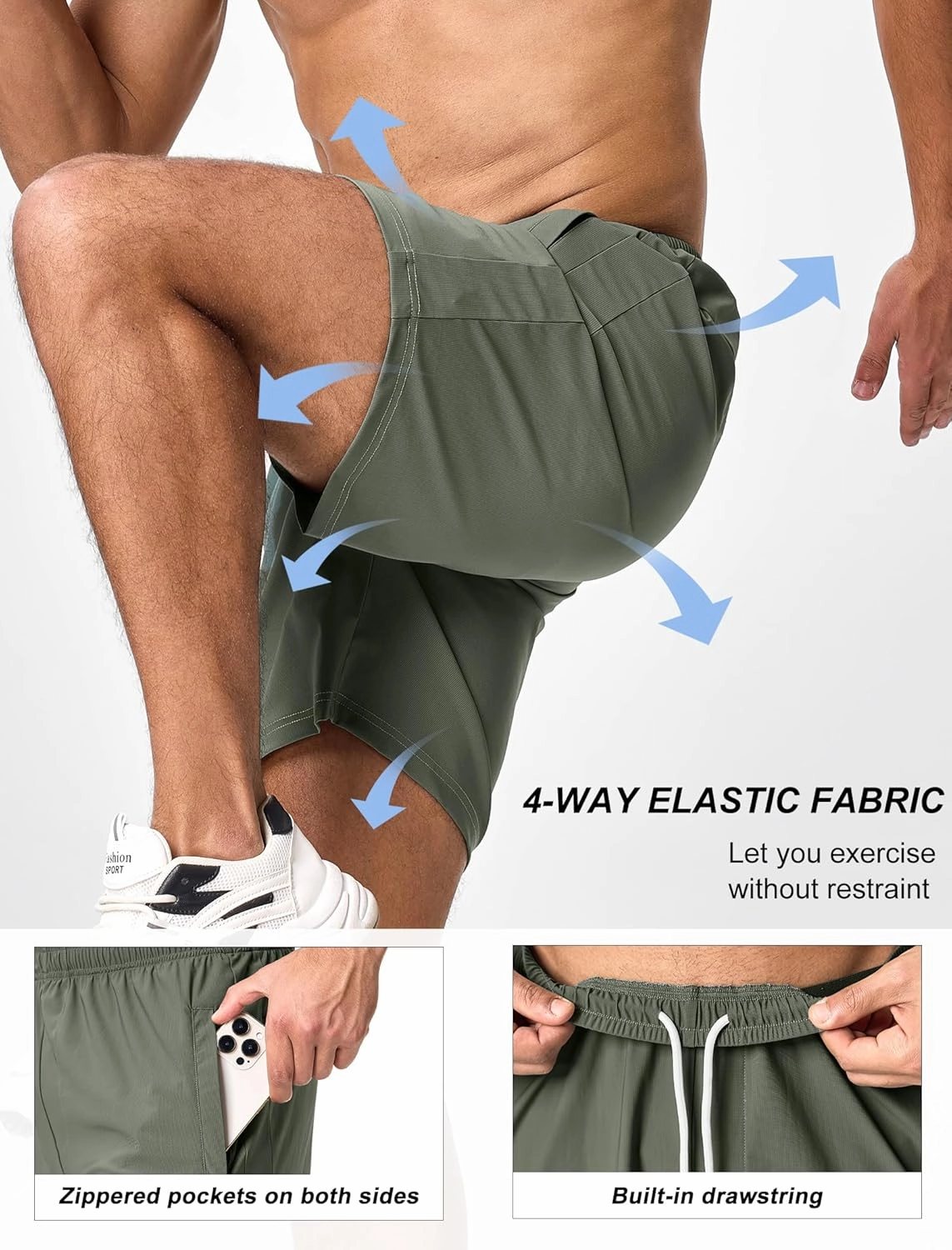 SILKWORLD Men's Quick Dry Athletic Running Shorts with Zipper Pockets 7" Stretch Gym Workout Training Shorts
