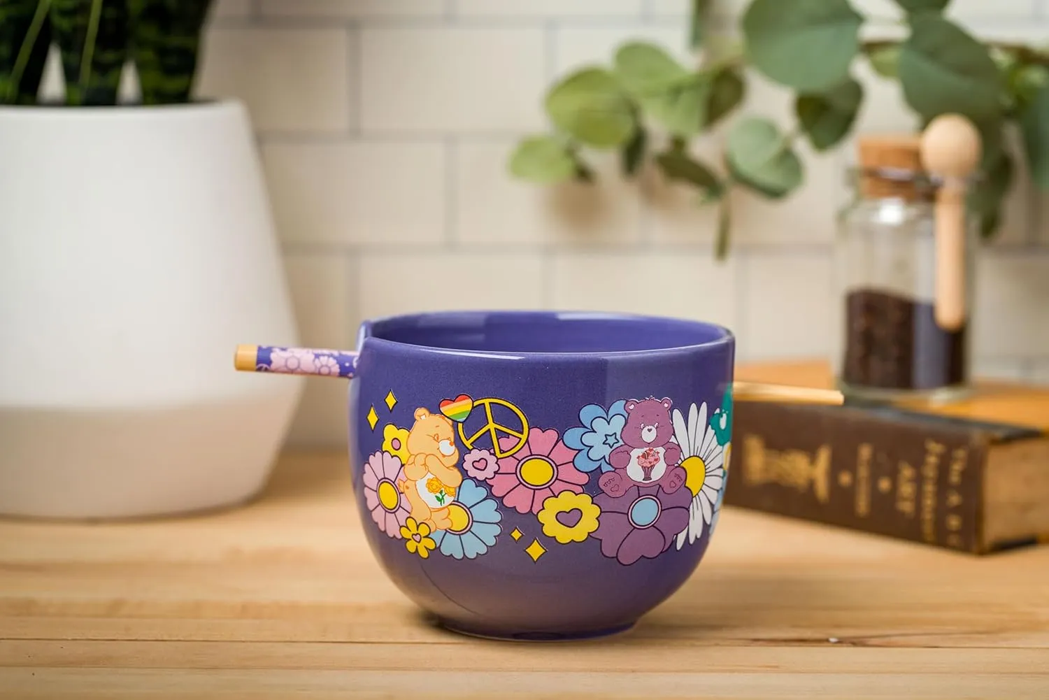 Silver Buffalo Care Bears Flower Power Groovy Clouds Ceramic Ramen Noodle Rice Bowl with Chopsticks, Microwave Safe, 20 Ounces
