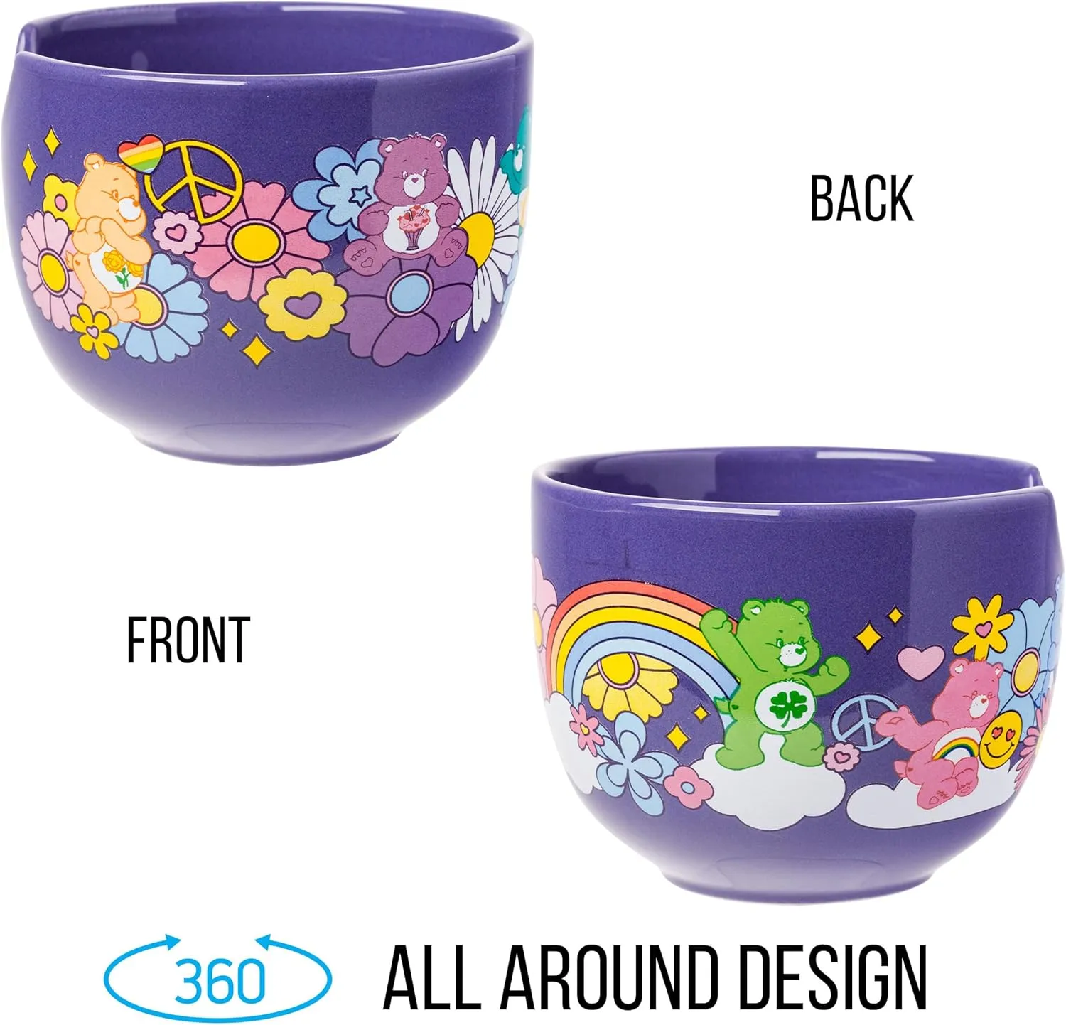 Silver Buffalo Care Bears Flower Power Groovy Clouds Ceramic Ramen Noodle Rice Bowl with Chopsticks, Microwave Safe, 20 Ounces