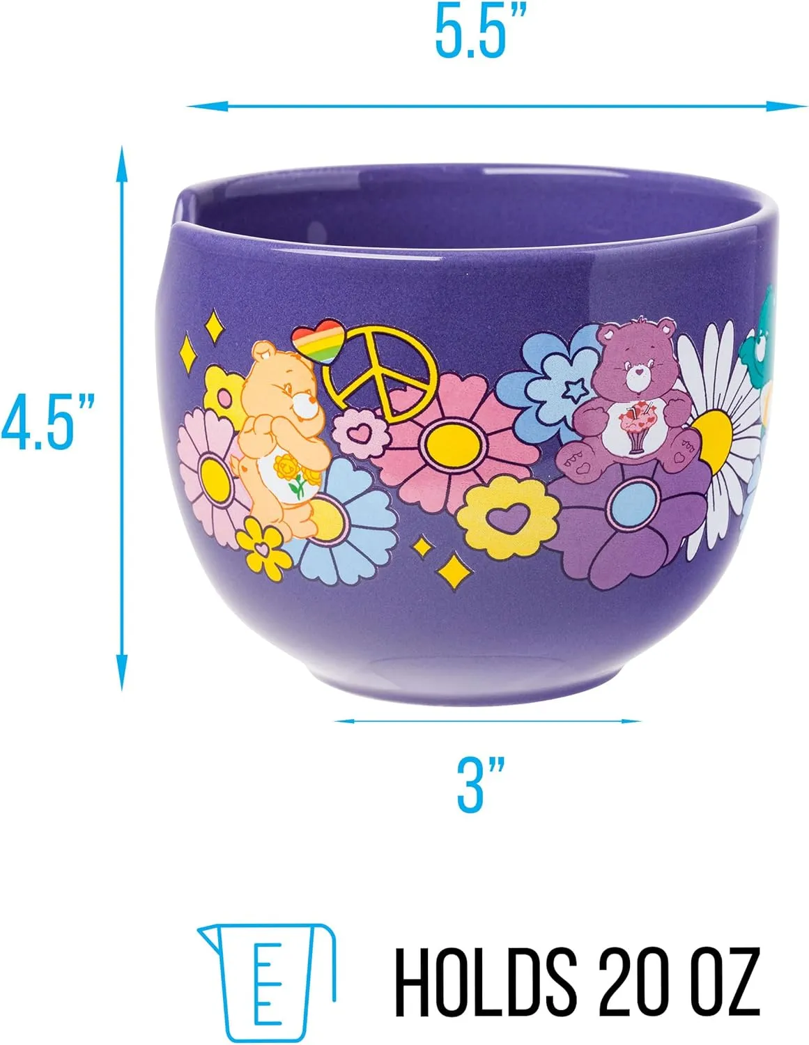 Silver Buffalo Care Bears Flower Power Groovy Clouds Ceramic Ramen Noodle Rice Bowl with Chopsticks, Microwave Safe, 20 Ounces