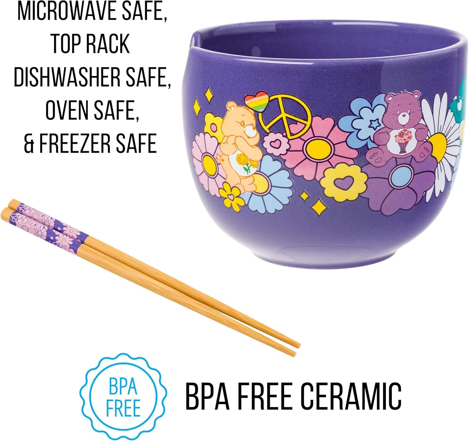 Silver Buffalo Care Bears Flower Power Groovy Clouds Ceramic Ramen Noodle Rice Bowl with Chopsticks, Microwave Safe, 20 Ounces